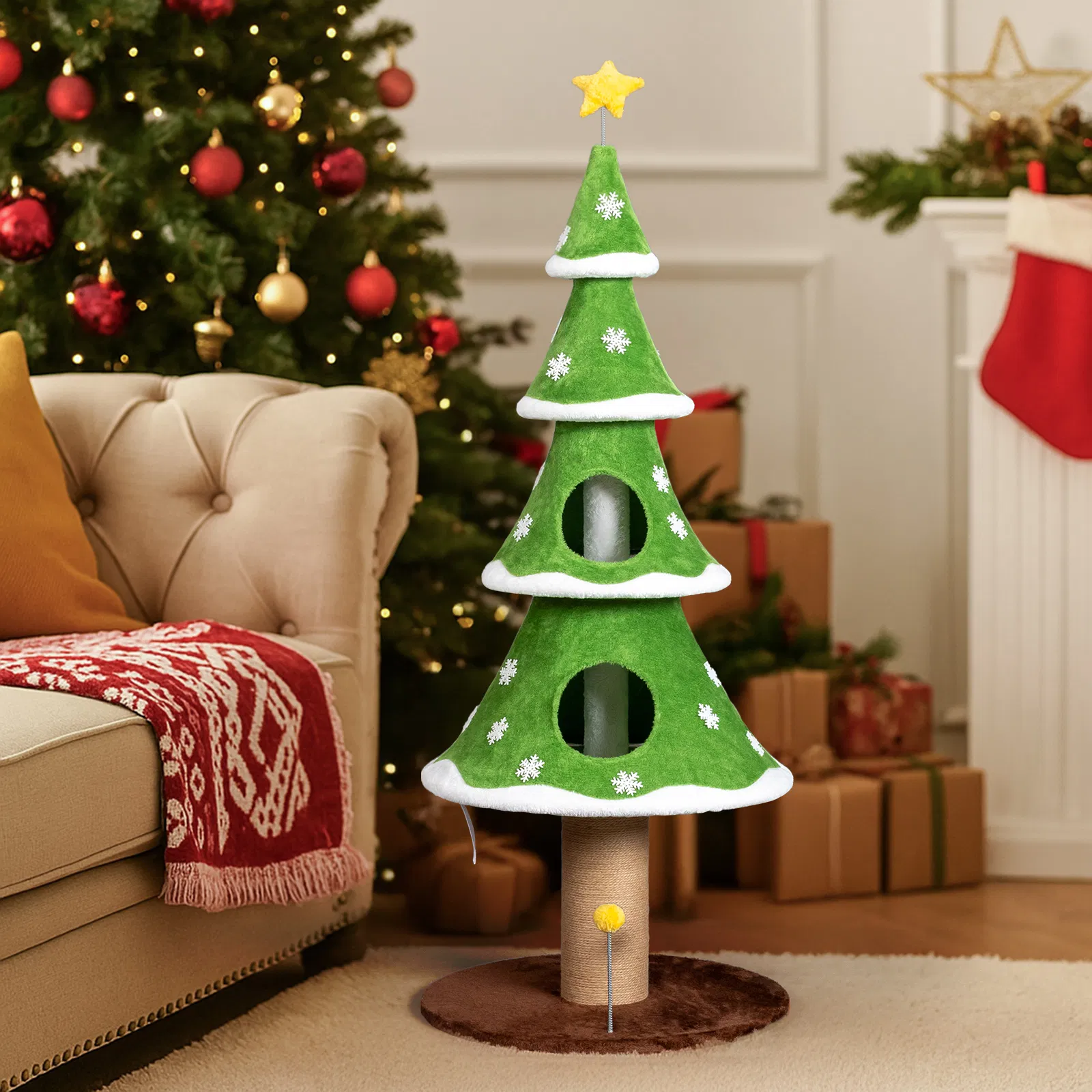 Large Tall Christmas Tree Cat Tower with 2 Cat Condos & Scratching Post, Soft Fleece Cat Tree with Teaser Toy & Sturdy Base & Built-in Openings for Indoor Cats, Green & White — image 14