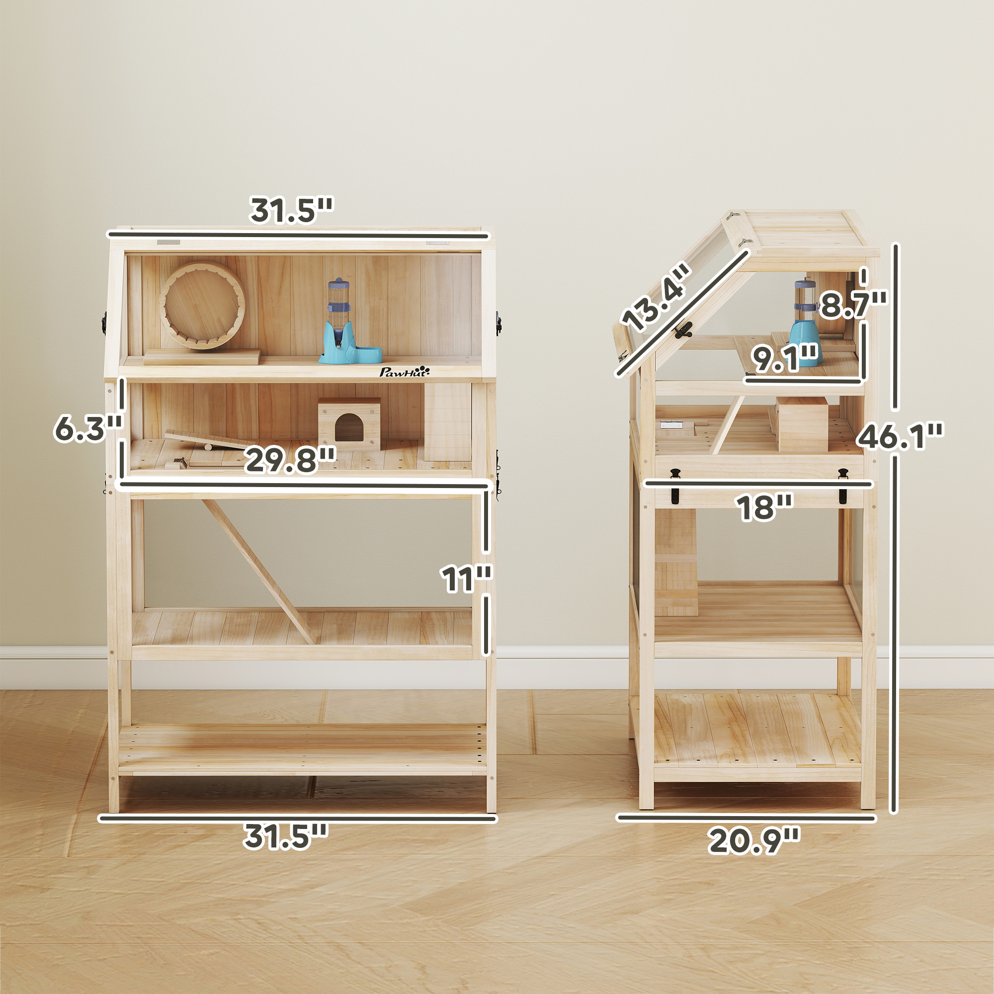 Caja de Madera para Hámsters con Piso Inferior Desmontable, Estante de Almacenamiento, Cueva, Balsa, Rueda de Ejercicio y Rampas para Hámsters Enano — imagen 4