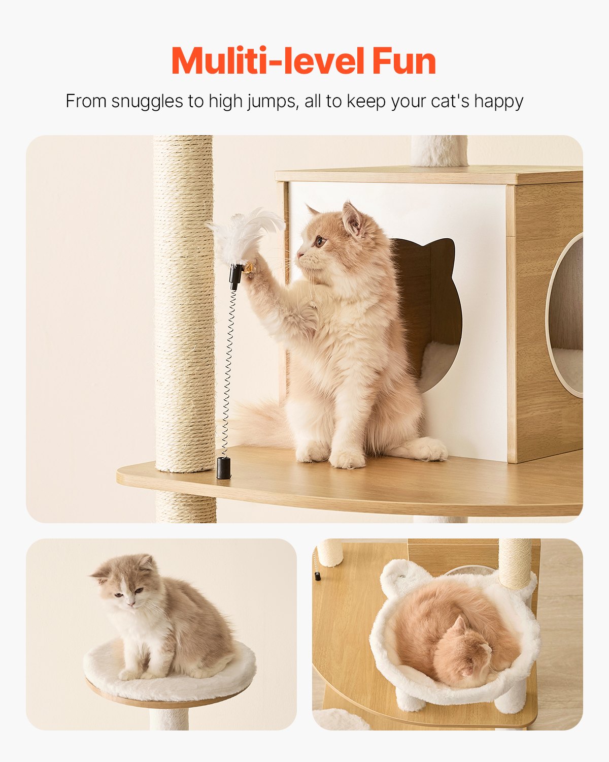 Árbol para Gatos Grande de 68,9 Pulgadas de Alto, Torre para Gatos Multinivel con Perchas Acogedoras y Postes de Escarbar Sisal, Hamaca y Casa para Gatos Grandes para Jugar y Descansar en Interior — imagen 5