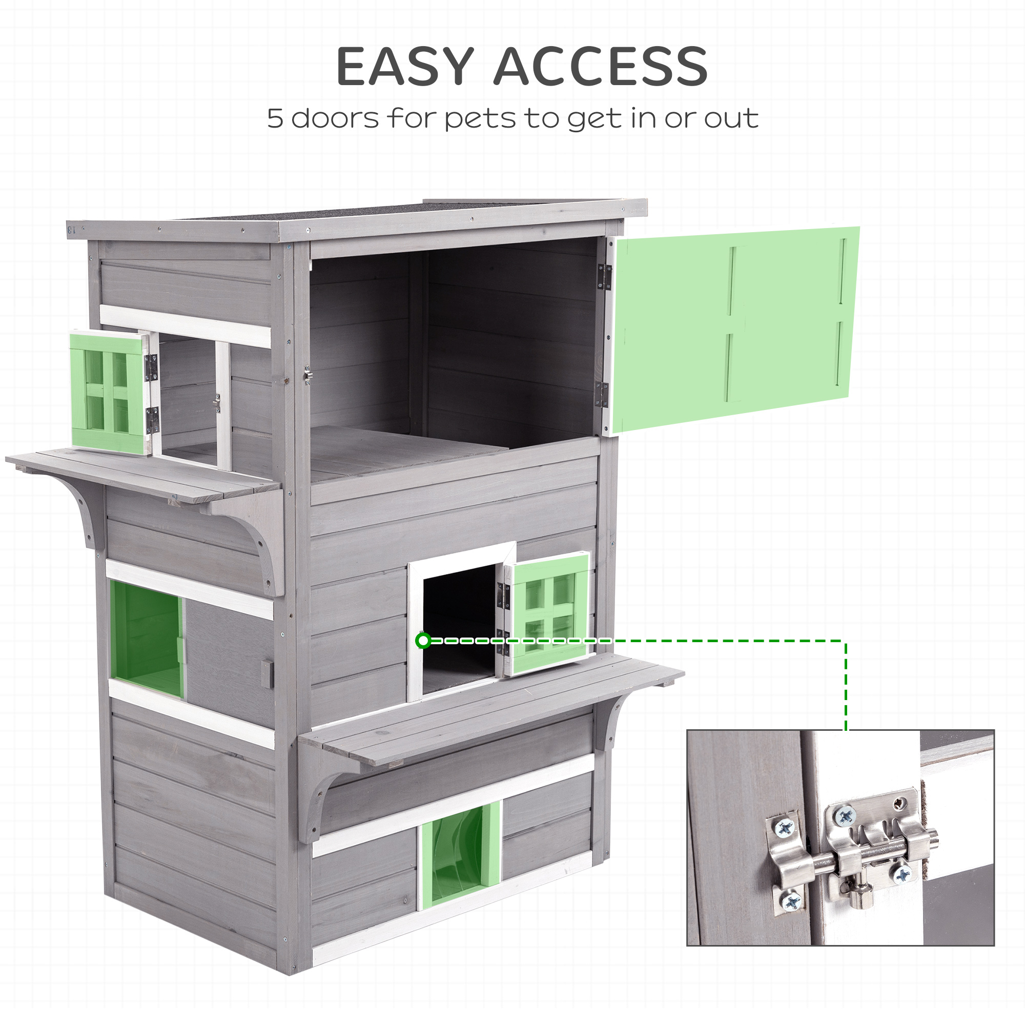 Casa de Jardín para Gatos, 3 Niveles con 5 Puertas de Escape, Resistente al Tiempo, Gris y Blanco — imagen 3