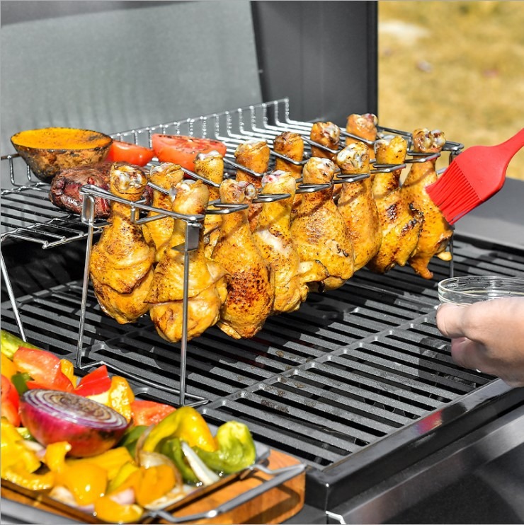 Folding Stainless Steel Grilled Chicken Leg Rack Grill BBQ Grill Pan Grill Rack Convenient Carry Bottom Tray Grilled Chicken Rack — image 3
