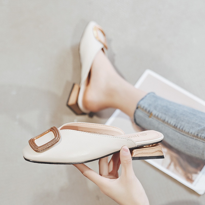 Designer Women Pumps Slippers Slip on Mules Low Heel Casual Shoes British Wooden Block Heels Summer Pumps Footwear — image 8