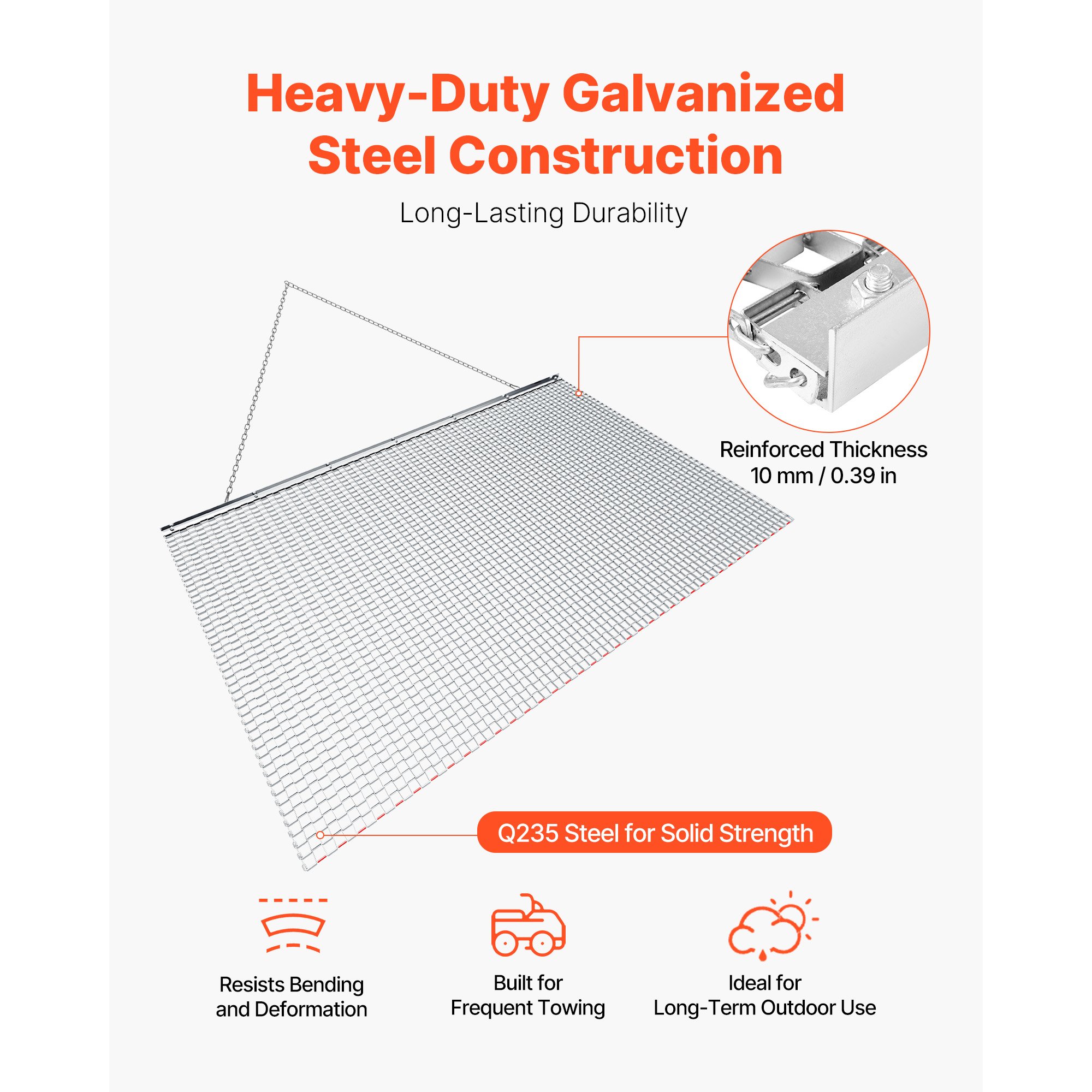 Drag Harrow, 6.6 X 4 Ft, High-Efficiency Chain Harrow Rake, ATVs UTVs Tractors Attachments, Durable Galvanized Steel Mesh Drag Mat With Towing Chain, For Gravel Driveway Ruts Farm Field Leveling — imagen 2