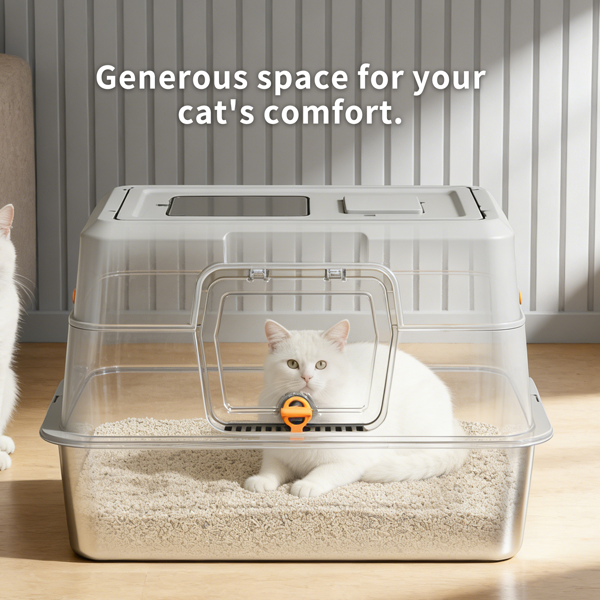 White Stainless Steel Fully Enclosed Cat Litter Box, Durable Enclosed Cat Litter Box, High Side To Prevent Scattering — image 2