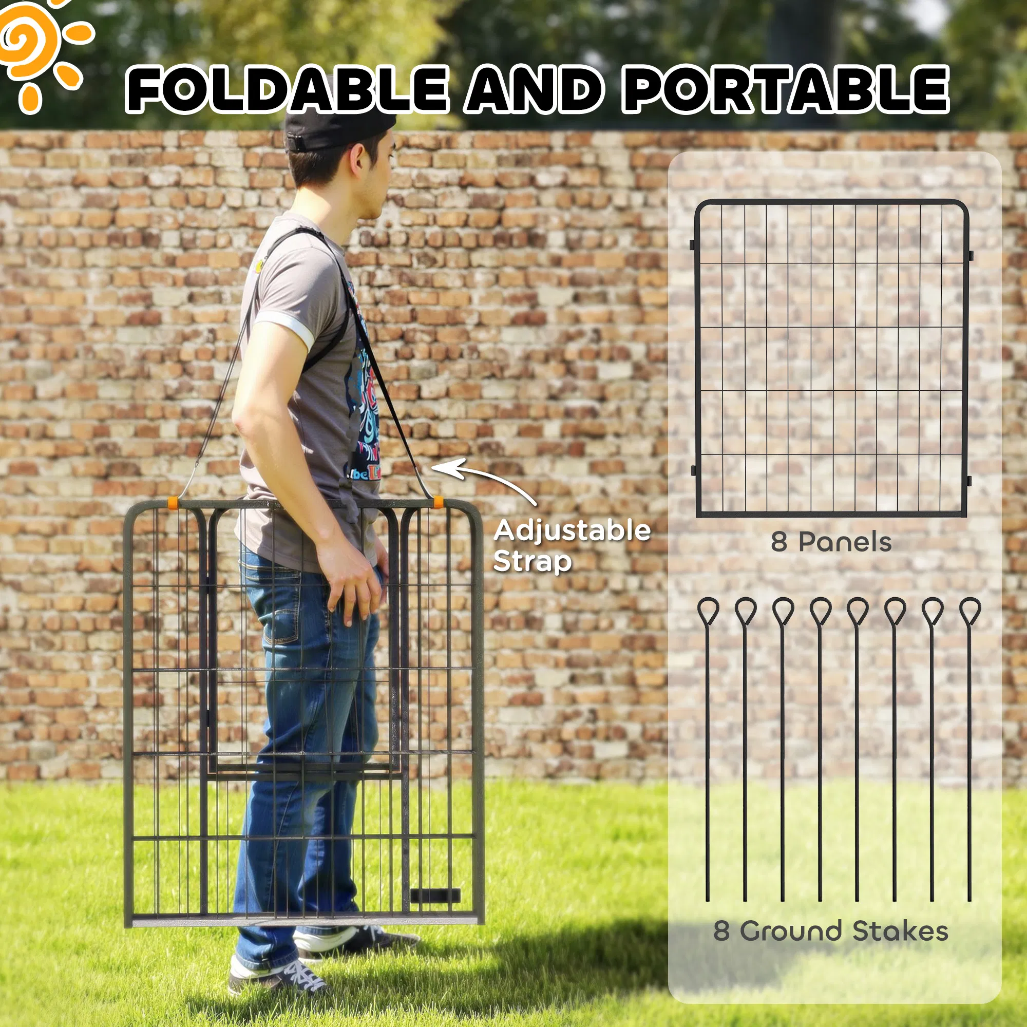 31.5" Dog Playpen Indoor Outdoor, Portable Foldable 8 Panels Pet Playpen with Door & Strap for Medium Dogs — image 3