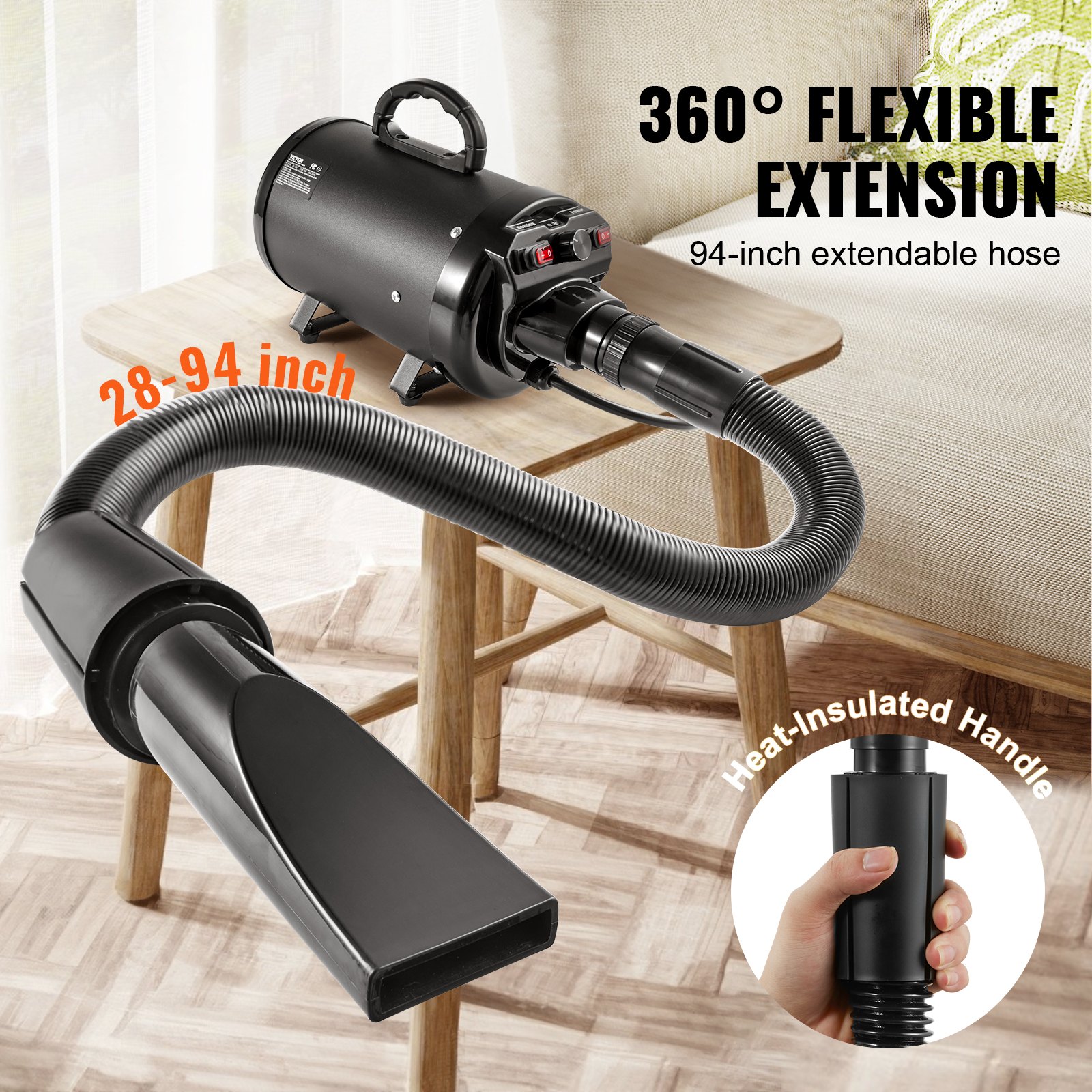 Secador para Perros de 2800W/4.3CV con Control de Velocidad y Temperatura, Secador para Mascotas con 4 Rosetas y Manguera Extensible, Negro — imagen 4