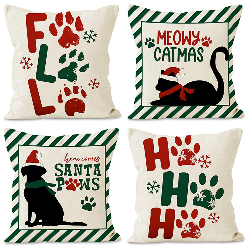 Christmas striped pillow cover linen black cat print pillowcase home holiday decoration cushion cover — image 1