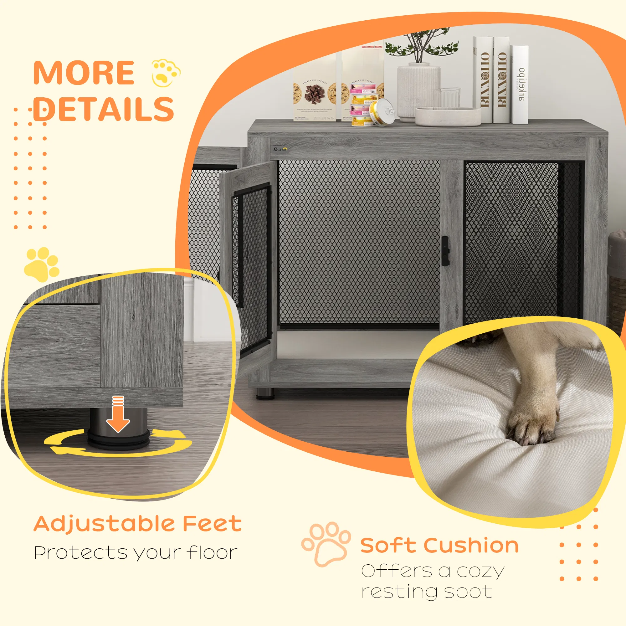 Pet Crate End Table with Water-resistant Cushion or Large Medium Dogs, Grey — image 6