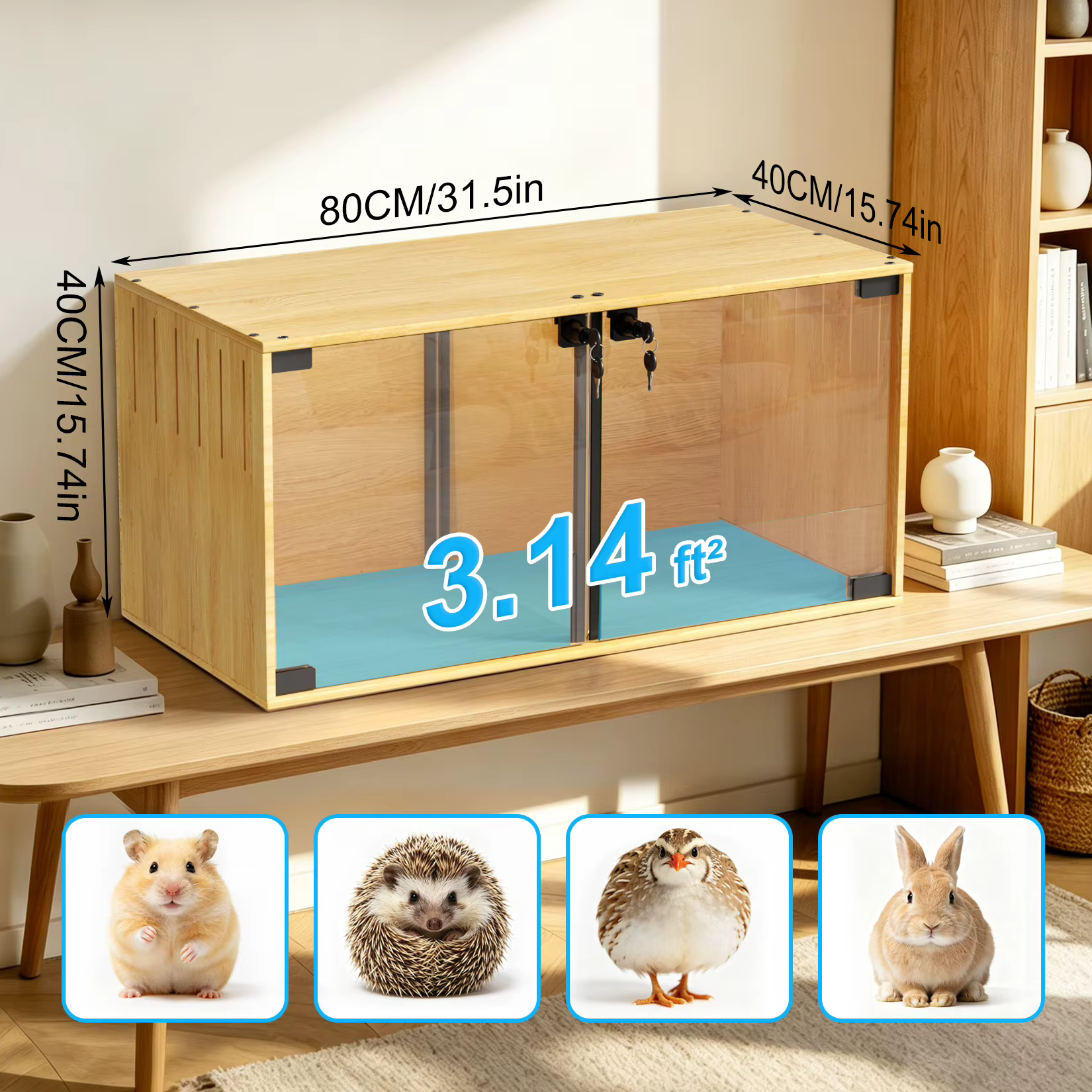 Wooden Hamster Cage Chew-proof Small Animal Habitat Cage with Dual Doors Lock Removable Divider Hedgehogs Enclosure — image 5