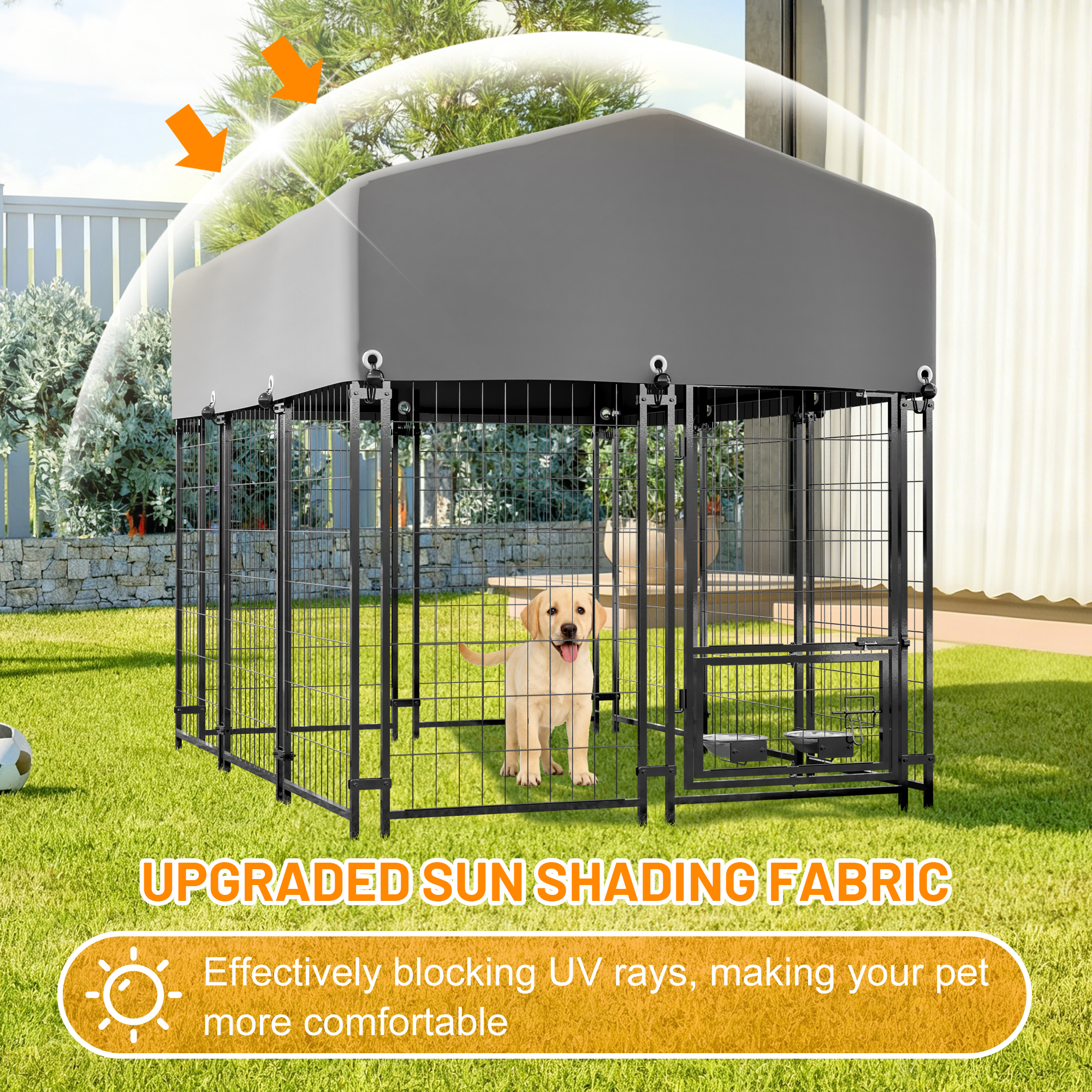 Casa para Perros Exterior con Techo, 4.23'x5.82'x4.83' Encierro de Alambre Soldado, Caja para Perros Resistentes con Cubierta Resistente a UV y Agua, Doble Bloqueo &amp; Comedor Rotativo — imagen 5