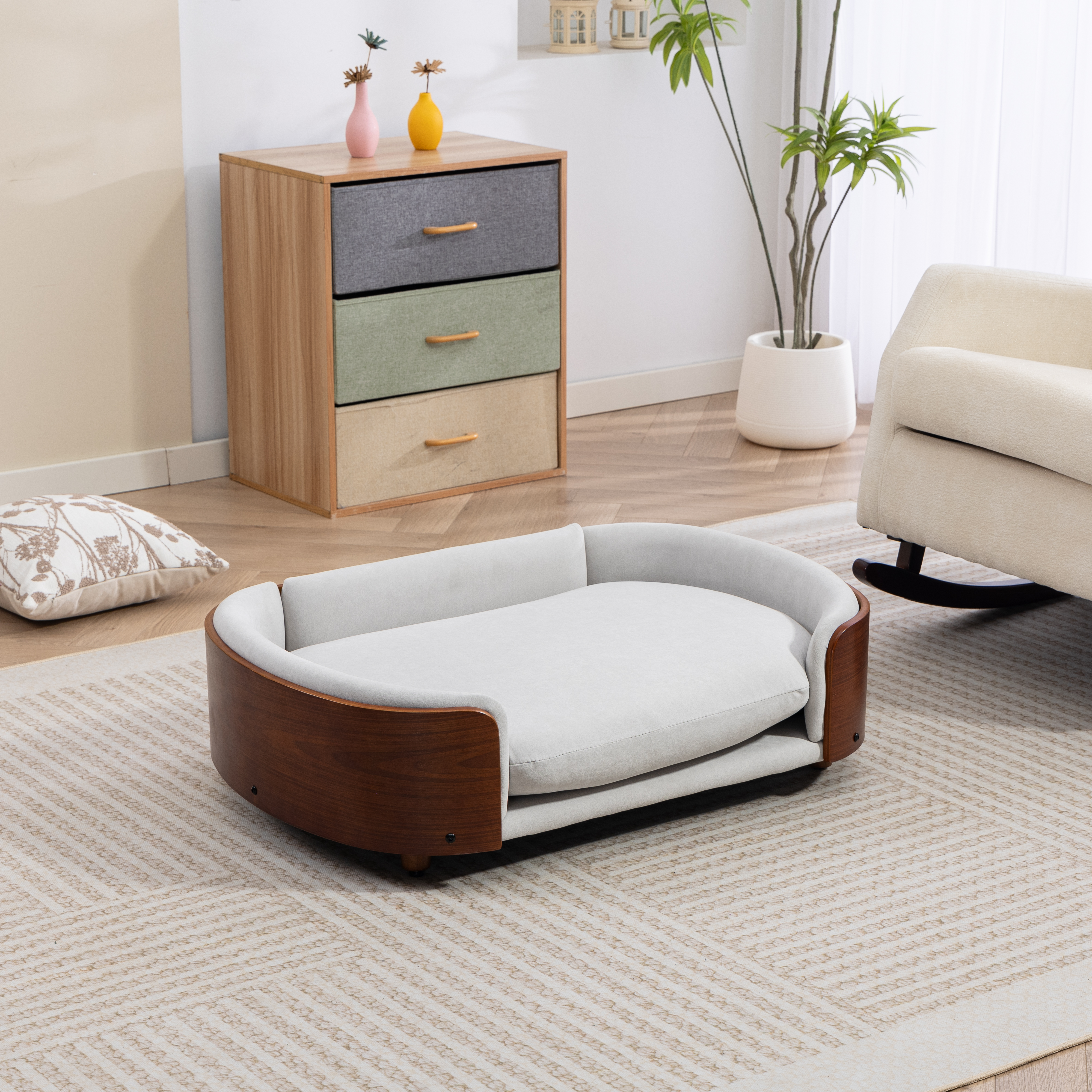 Sofá para Perros de Estilo Escandinavo con Patas de Madera Sólida y Espalda de Madera Curvada de Roble, Tela Gris Claro, Tamaño Grande — imagen 4