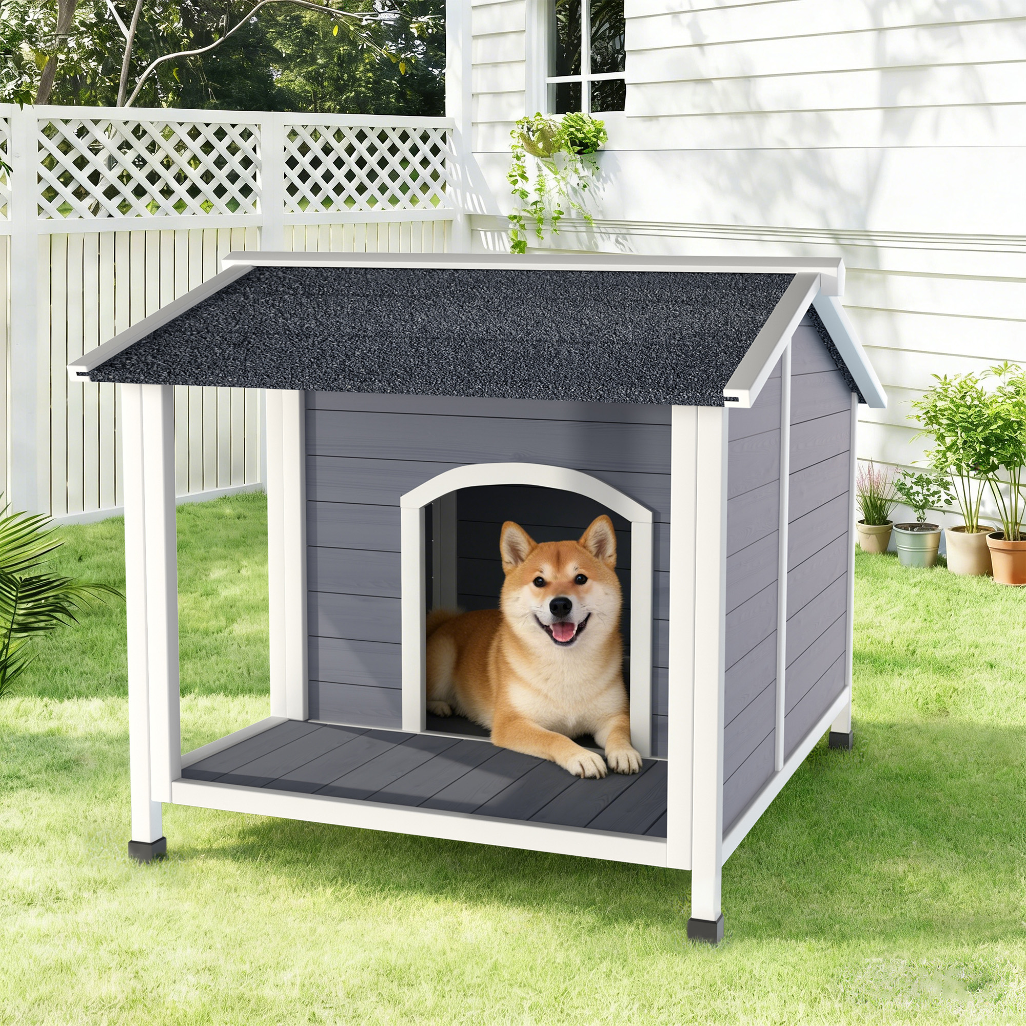 Casa de Perro Exterior, Refugio de Madera Resistente al Tiempo con Techo de Asfalto, Diseño de Piso Elevado, Montaje Fácil, Para Perros Pequeños a Medianos — imagen 1