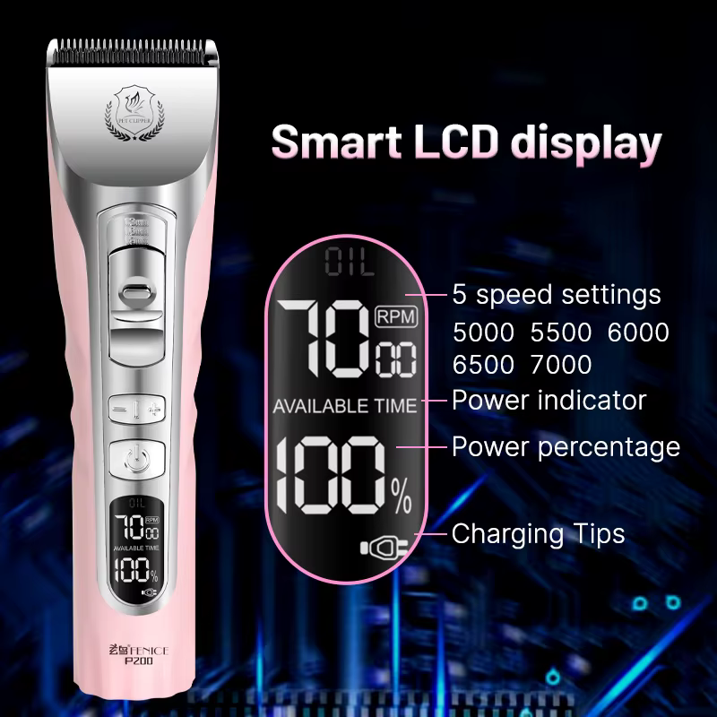 Fenice Sakura Pink Dog Hair Cutting Machine 5000mA Capacity Cordless LCD Screen Pet Dog Grooming Clipper Rechargeable Shaver Set — image 4