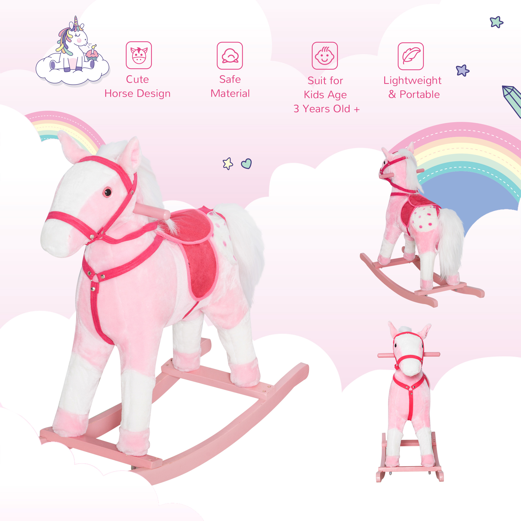 Kids Plush Toy Rocking Horse Pony Toddler Ride on Animal Rocker with Realistic Sounds, Birthday Gifts for Girls, Pink — image 3