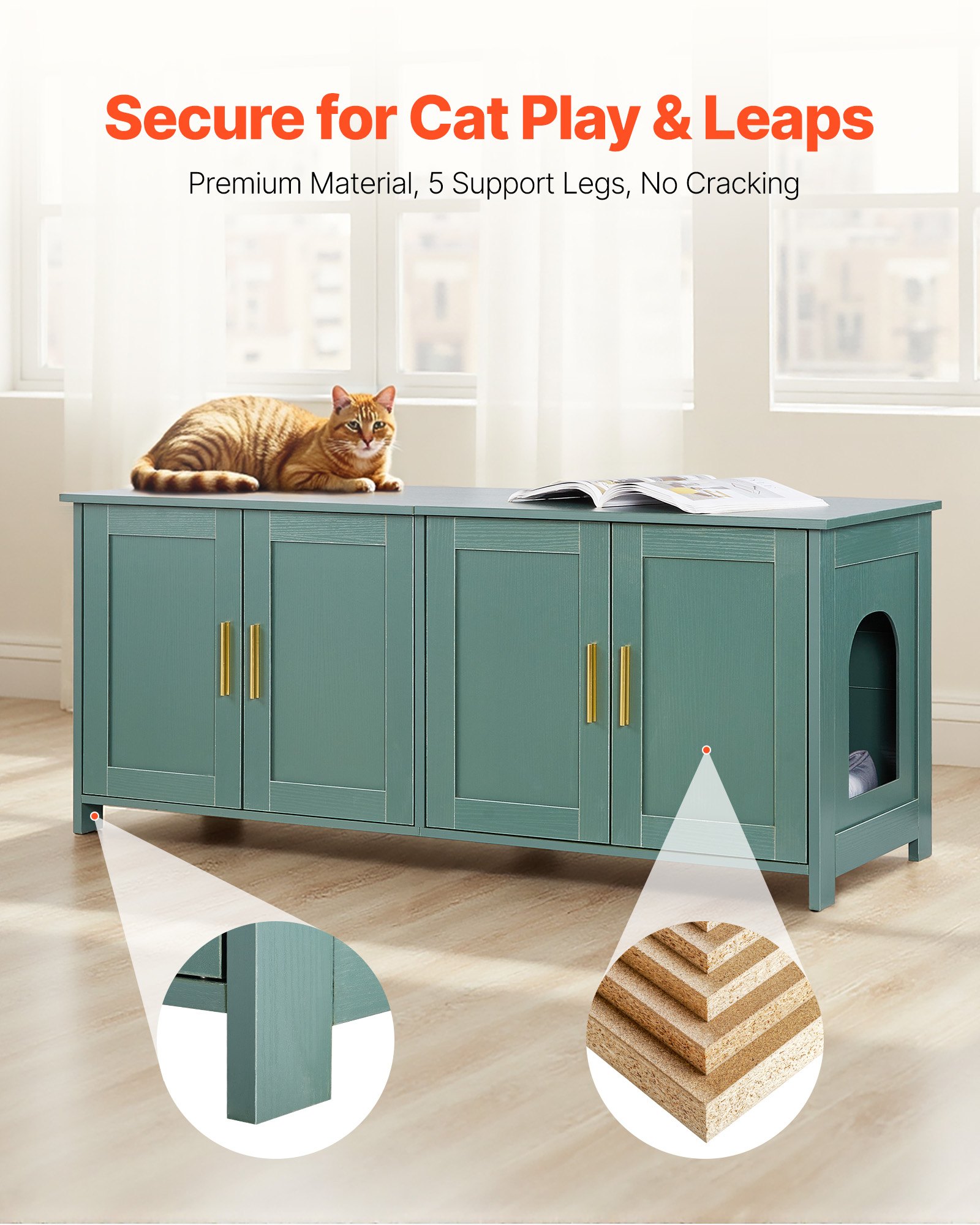 Cat Litter Box Enclosure For Multi Cats, 47.2 In Hidden Litter Box Cabinet With 4 Doors & 2 Entries, Indoor Cat Washroom, Wooden Kitty House Furniture Side Table, Fit Most Litterboxes, Green — image 2
