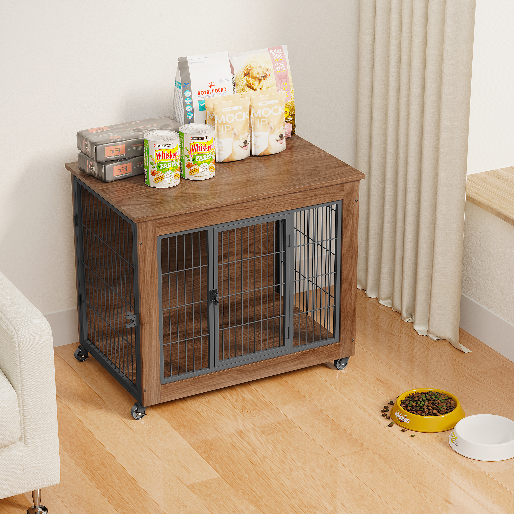 32.5 Dog Crate Furniture With Wheels For Small Dogs, Heavy Duty Dog Kennel Indoor With 2 Doors, Wooden Pet Cage End Table, Double-Doors Sturdy Metal Dog Cage For Anxiety Dog — imagen 1