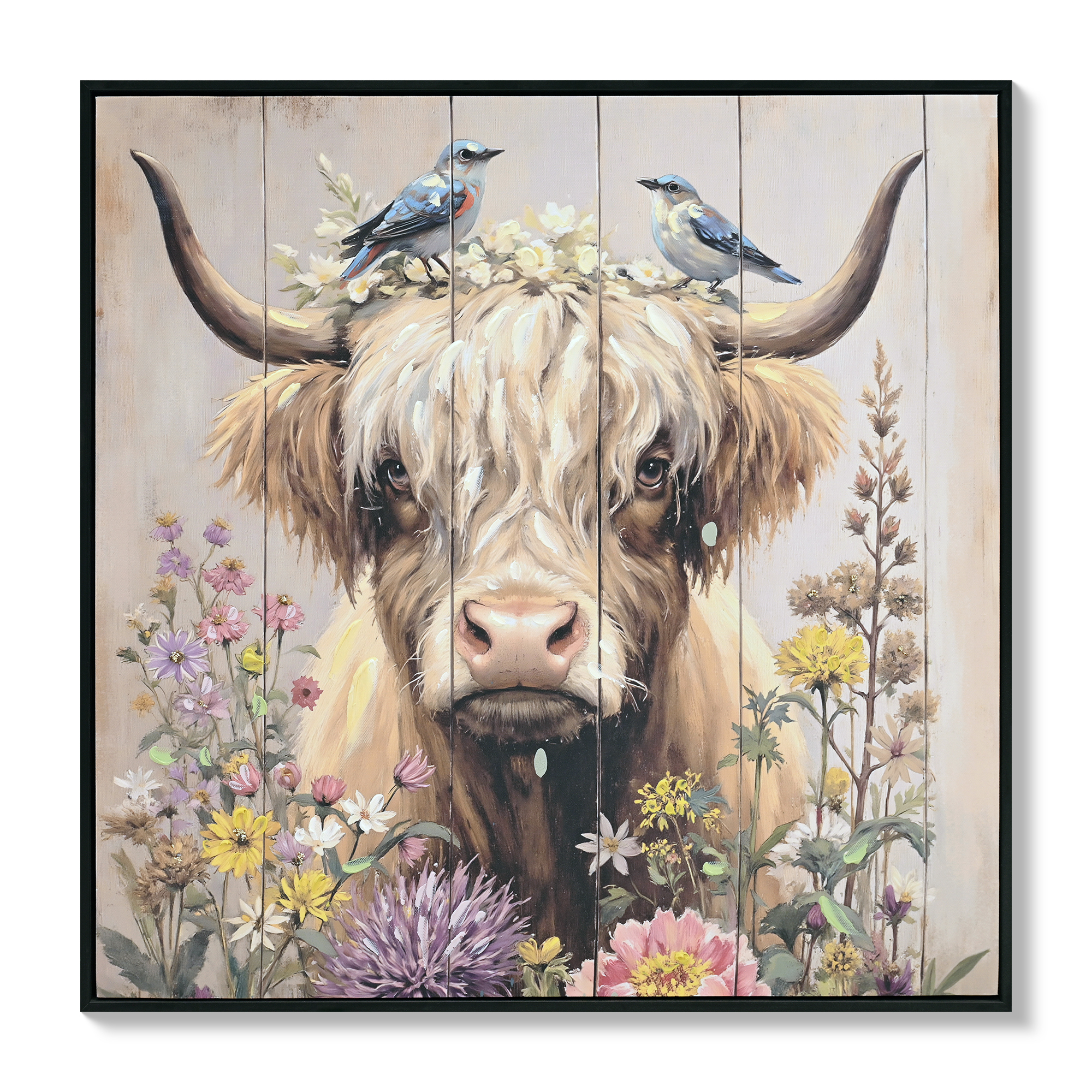 Farmhouse Highland Cow Wall Decor In Neutral Colour Rustic Cow And Chrysanthemum Picture Canvas Art Print, Gift For Bathroom Or Kitchen, Ideal Animal Artwork For Living Room 24x24INCH — image 3