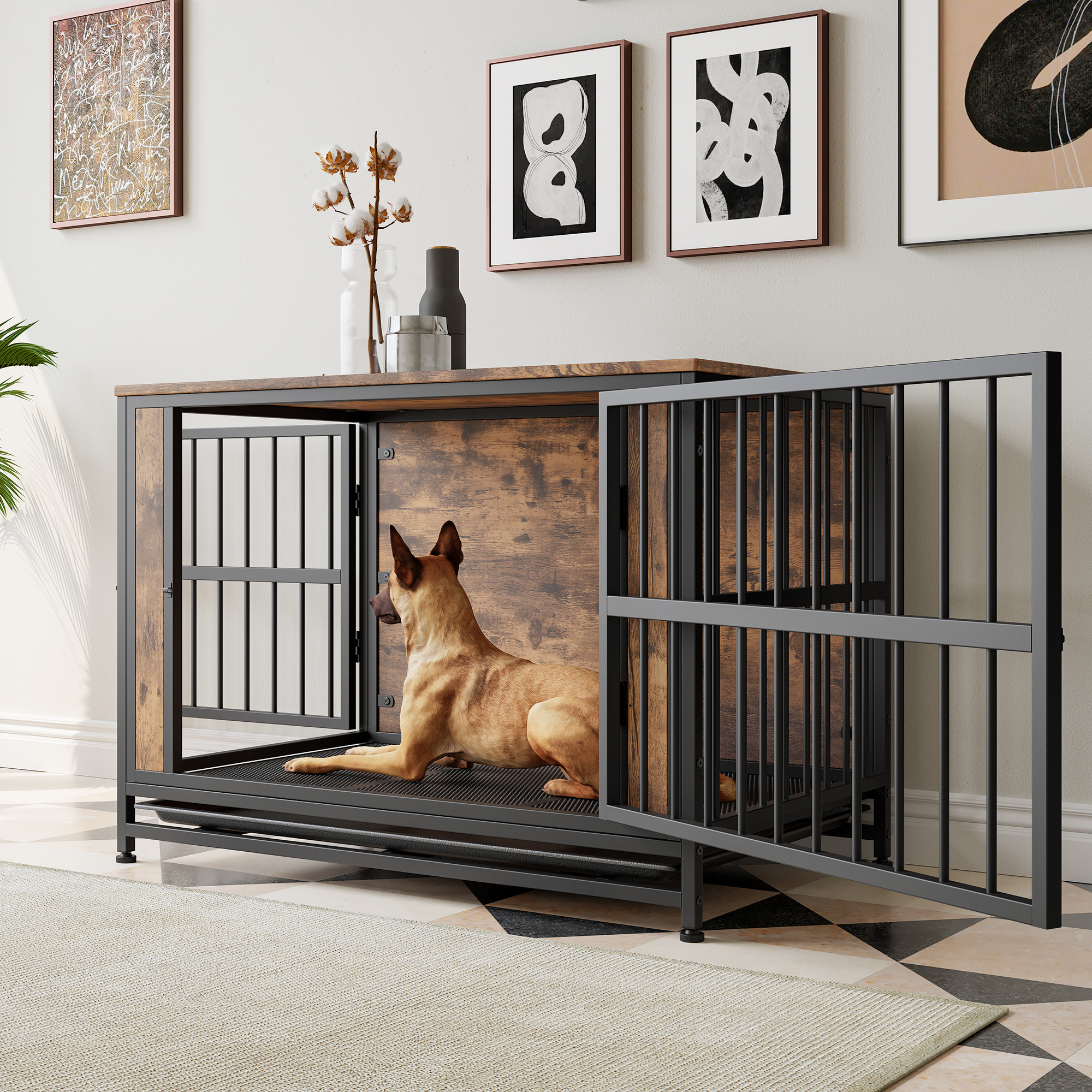 Mueble para Perros, Mesa de Caja para Perros en Madera, 38,9" Casa para Perros con 2 Puertas Deslizantes y Marco de Puerta de Hierro Grueso, Decorativo Refugio para Perros Grande/Medio/Pequeño para Uso Interior (Marrón Rustico) — imagen 4