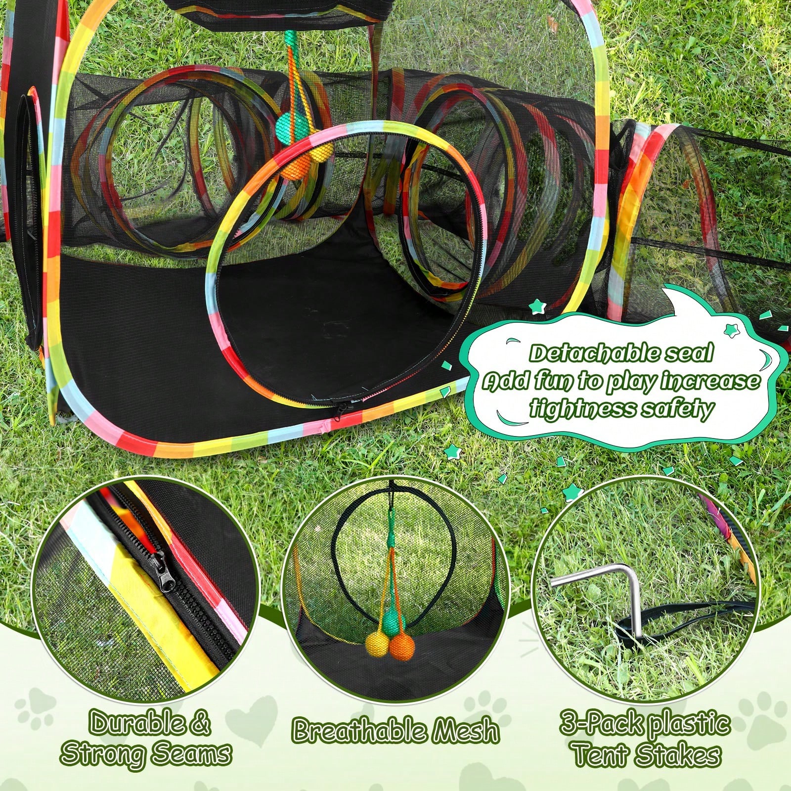 Outdoor Rainbow Cat Enclosure, 5 In 1 Portable Cat Tents For Outside Cage Free Outside Pet Enclosure Cat Tunnel Outdoor Playground For Indoor Cats And Small Animals — image 2