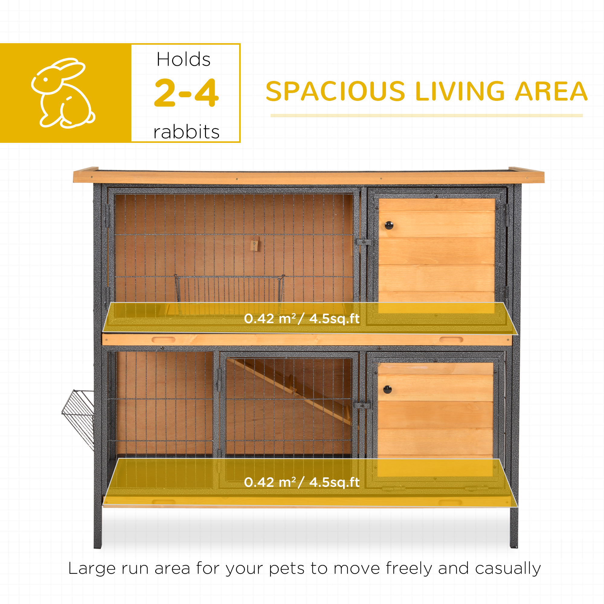 Conejera Grande de 2 Pisos de 48", Jaula de Madera con Estructura Metálica, Habitaciones, Rampa, Bandeja Antifugas, Comedero y Techo de Asfalto Impermeable para Conejos, Gallinas, Patos, Interior/Exterior — imagen 2