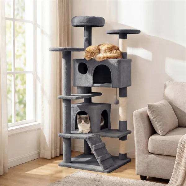 52" Tall Cat Tree Tower With Perches & Condos, Multi-Cat Playground With Scratching Posts (Light Gray) — imagen 1