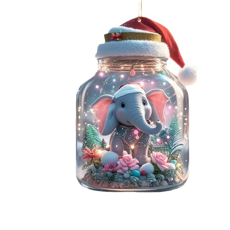 2D New Christmas Hat Cute Elephant Acrylic Flat Pendant Car Rearview Mirror Ornament Christmas Tree Decoration — image 6