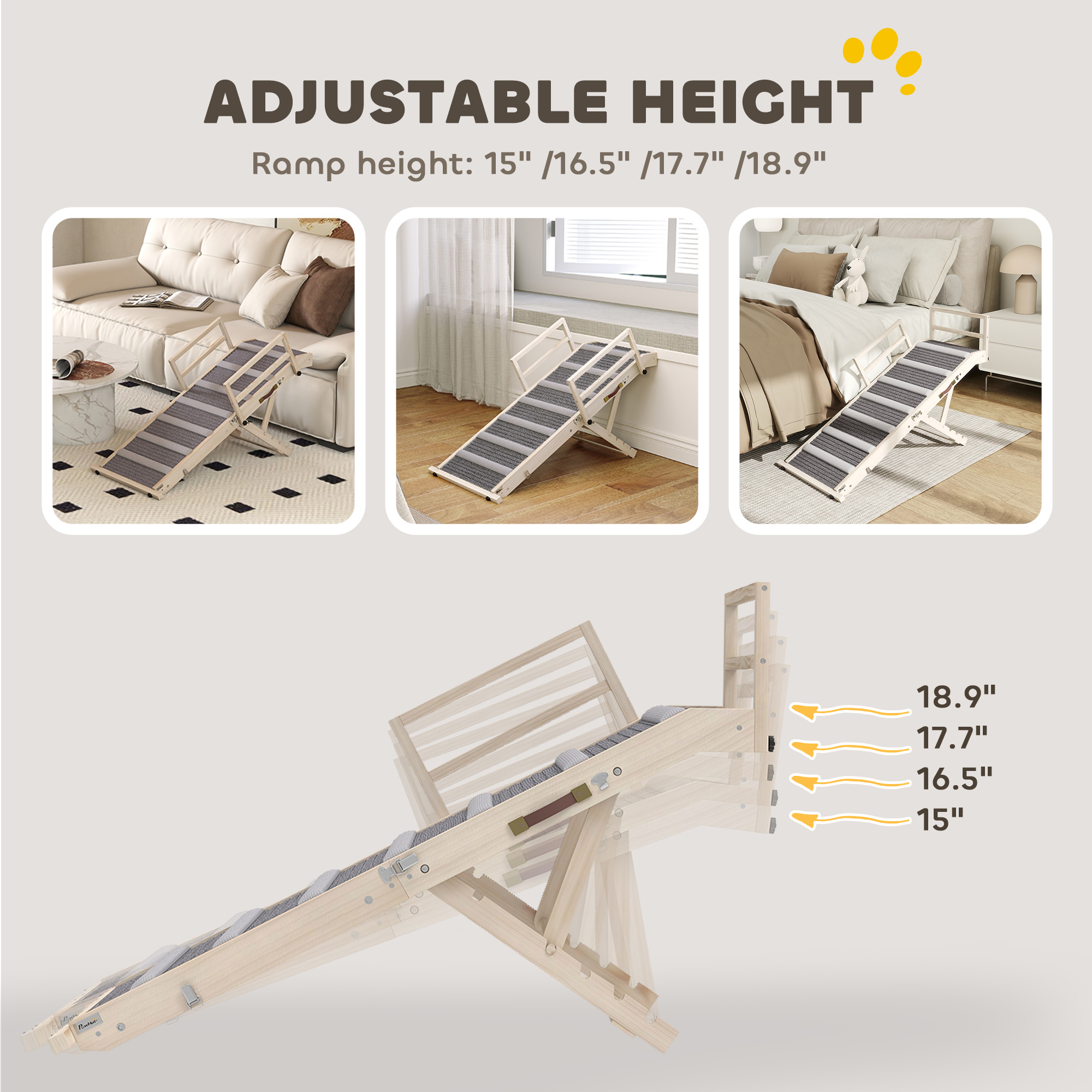 Paso para Perros, Rampa Reclinable para Mascotas, 4 Alturas Ajustables de 15" a 19", Paso con Barandas Lados para Pequeños y Grandes Animales — imagen 8