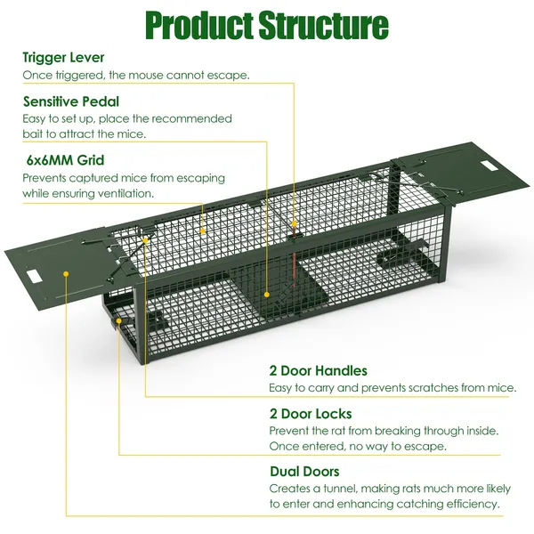 2Pack 15.35x4.72x3.94in 2-Door Humane Live Rat Trap Galvanized Iron Rodent Trap Cage Reusable For Home Garden Farm Warehouse — imagen 2