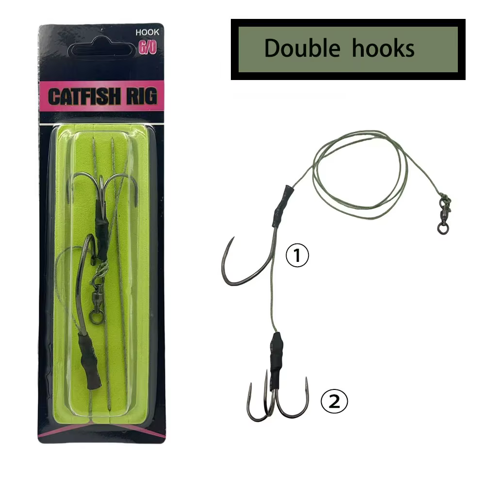 Outdoor Catfish Fishing Gear Set - 1 Heavy-Duty Single Hook, 1 Triple Anchor Hook, Anti-Bite Pe Tubing (Freshwater Night Fishing) — image 2
