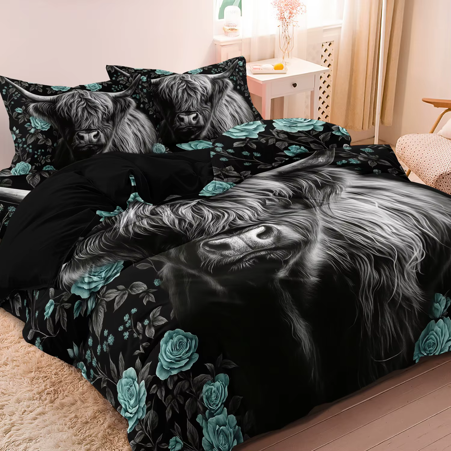 Juego de cama suave de 3 piezas con estampado de vaca Highland, incluye 1 funda nórdica y 2 fundas de almohada, decoración de dormitorio para todas las estaciones — imagen 6