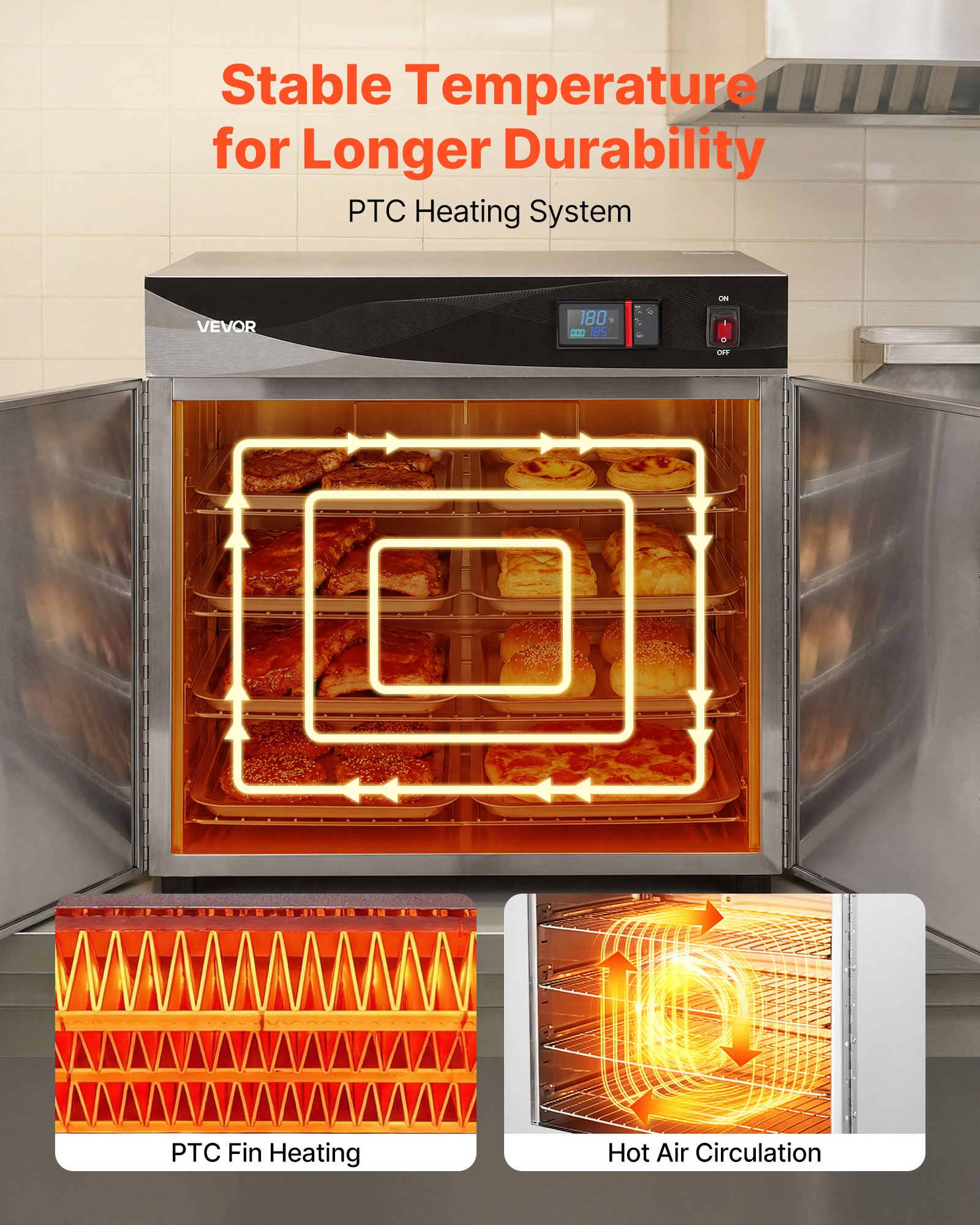 Caja Calor Eléctrica de Alimentos, 4 Niveles Comercial con Plato de Agua, Puertas Dobles y Ajustes de Estanterías, Armario de Calentamiento de Acero Inoxidable para Restaurantes, Cocinas y Pizzerías — imagen 5