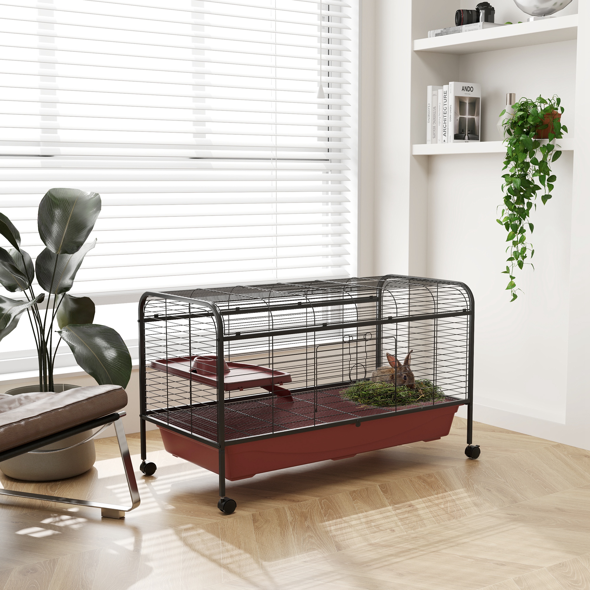 48" L Small Animal Cage, Pet Play House for Rabbit Hutch or Ferret with Feeder, Rolling Wheels, Platform, Ramp — imagen 1