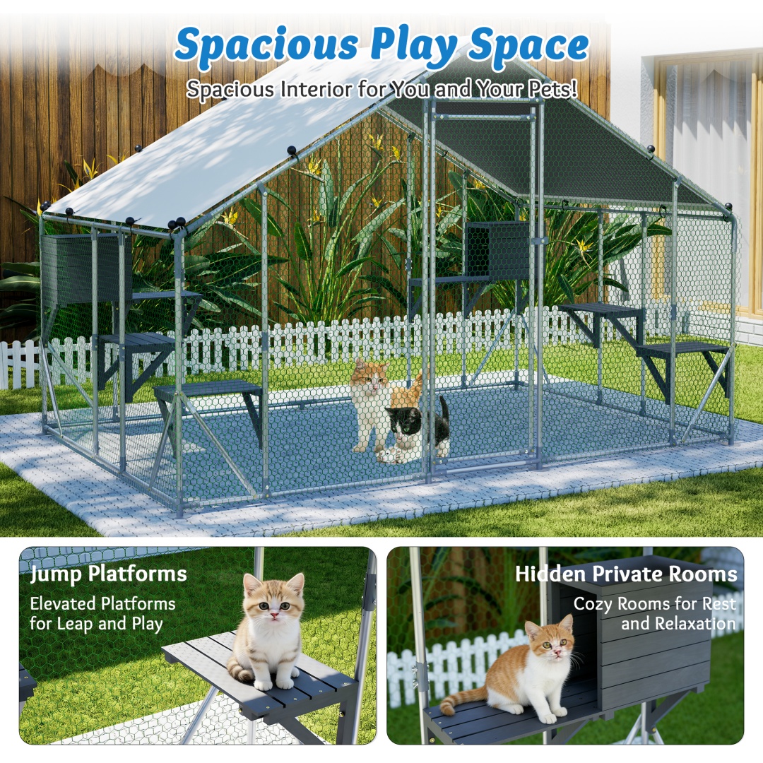 Gabinete de Metal Exterior Resistente 3x2m para Gatos - Plataforma DIY en Madera Sólida, Bloqueo de Seguridad Doble y Mayor Estabilidad, Uso Multi-Animal, Carpa Impermeable Incluida — imagen 13