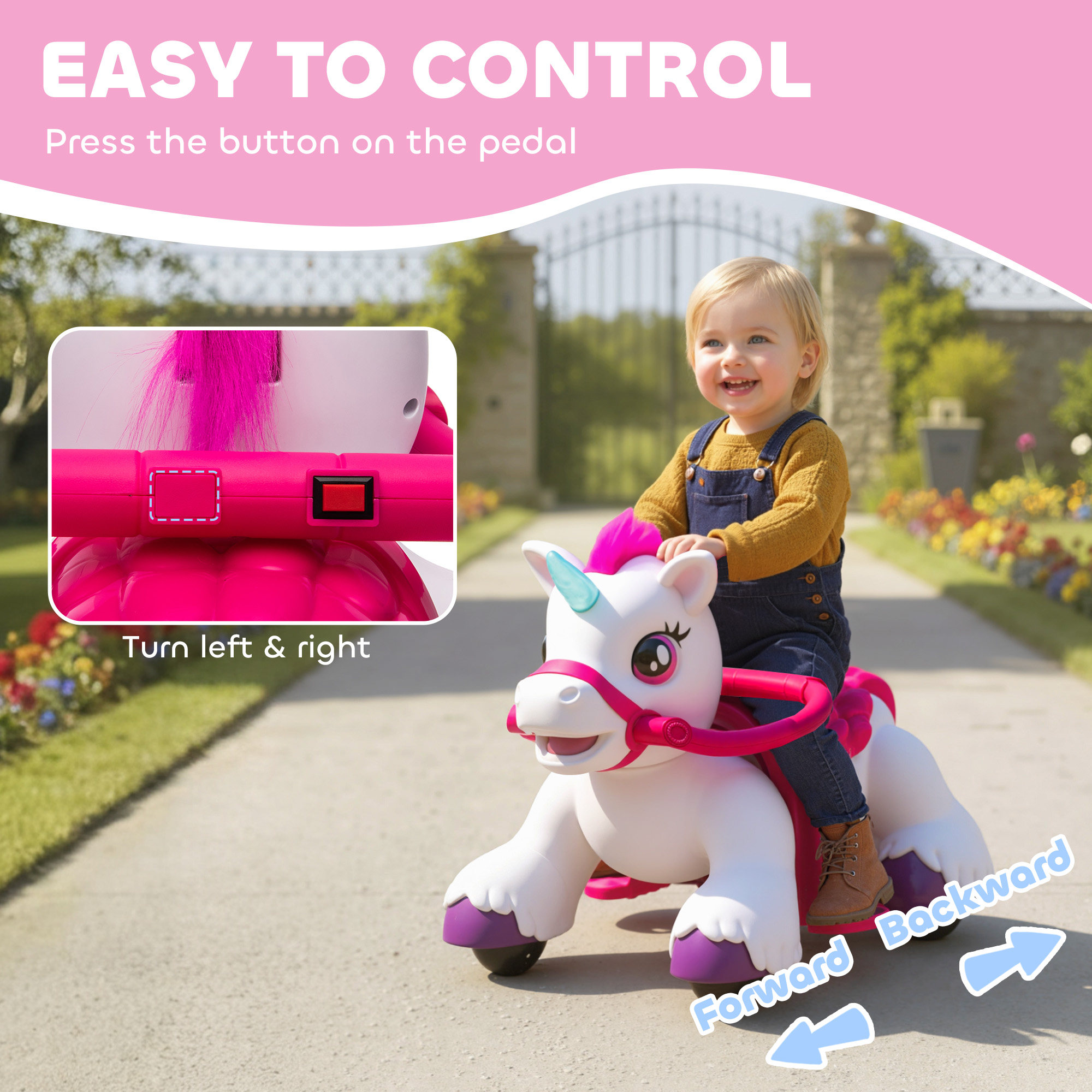 Caballo Unicornio de Paseo 12V con Zanahoria de Juguete, Peine y Sonidos de Animal, Para Niñas y Niños de 1.5 a 3 Años — imagen 3