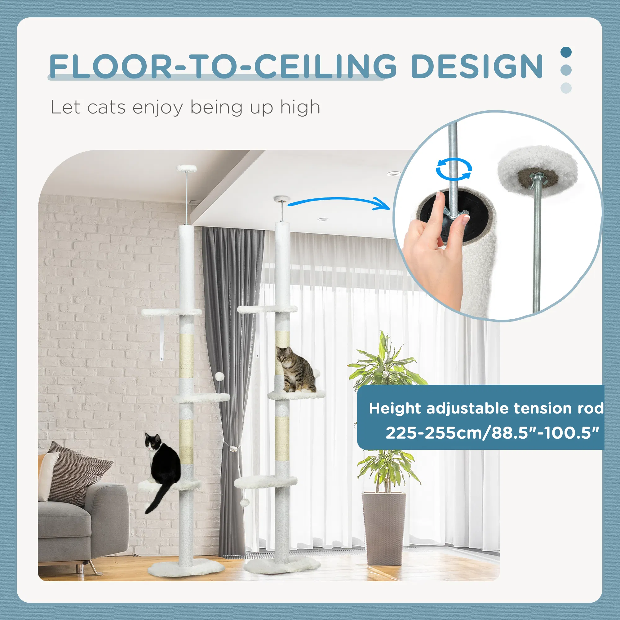 88.5"-100.5" Floor to Ceiling Cat Tree, Cat Tower with Scratching Posts, Cloud Shaped Platforms, Dangling Balls, White — image 5