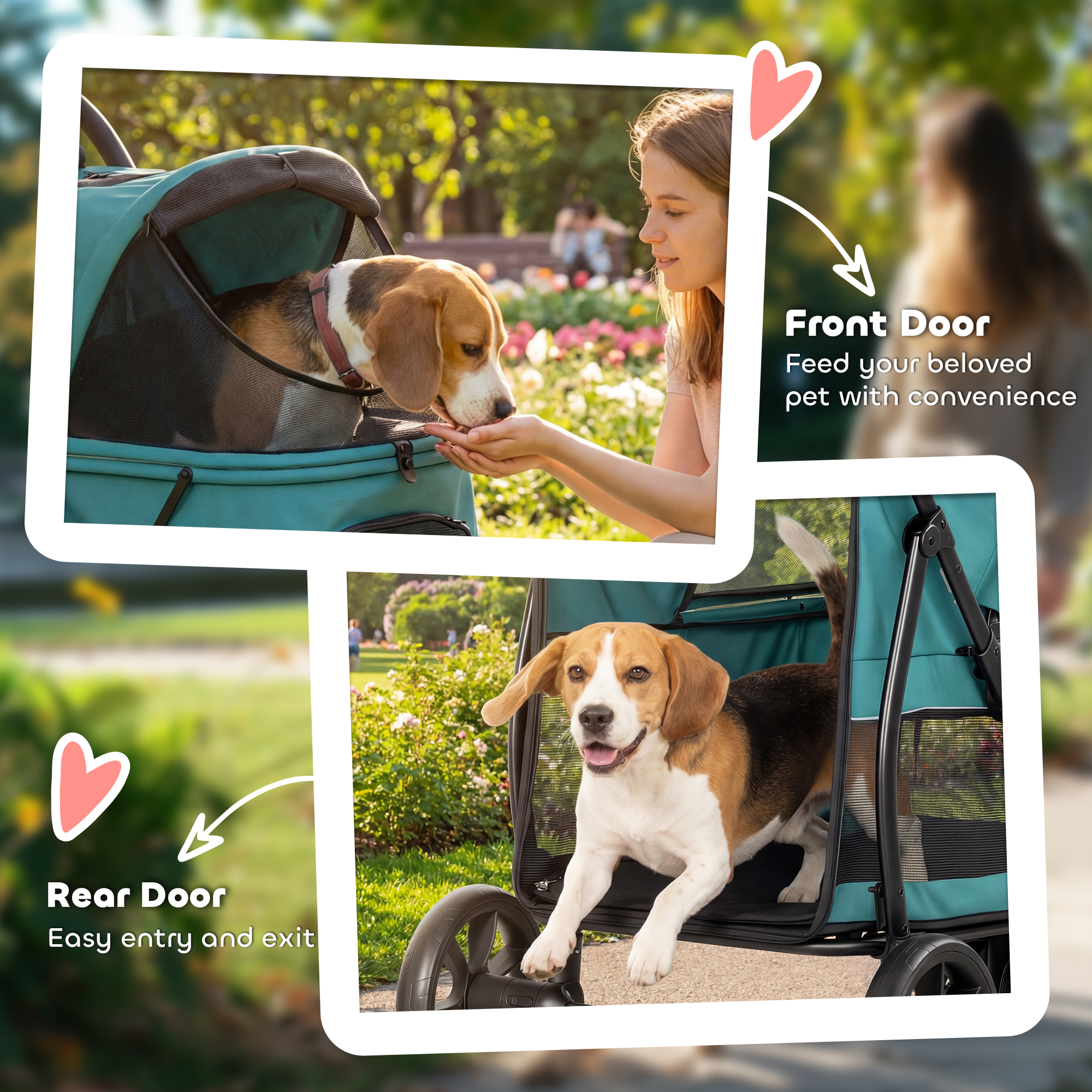 3 Wheel Pet Stroller with Easy One-Click Quick Fold, Mesh Window, Washable Cushion, for Medium Dogs, Dark Green — image 5