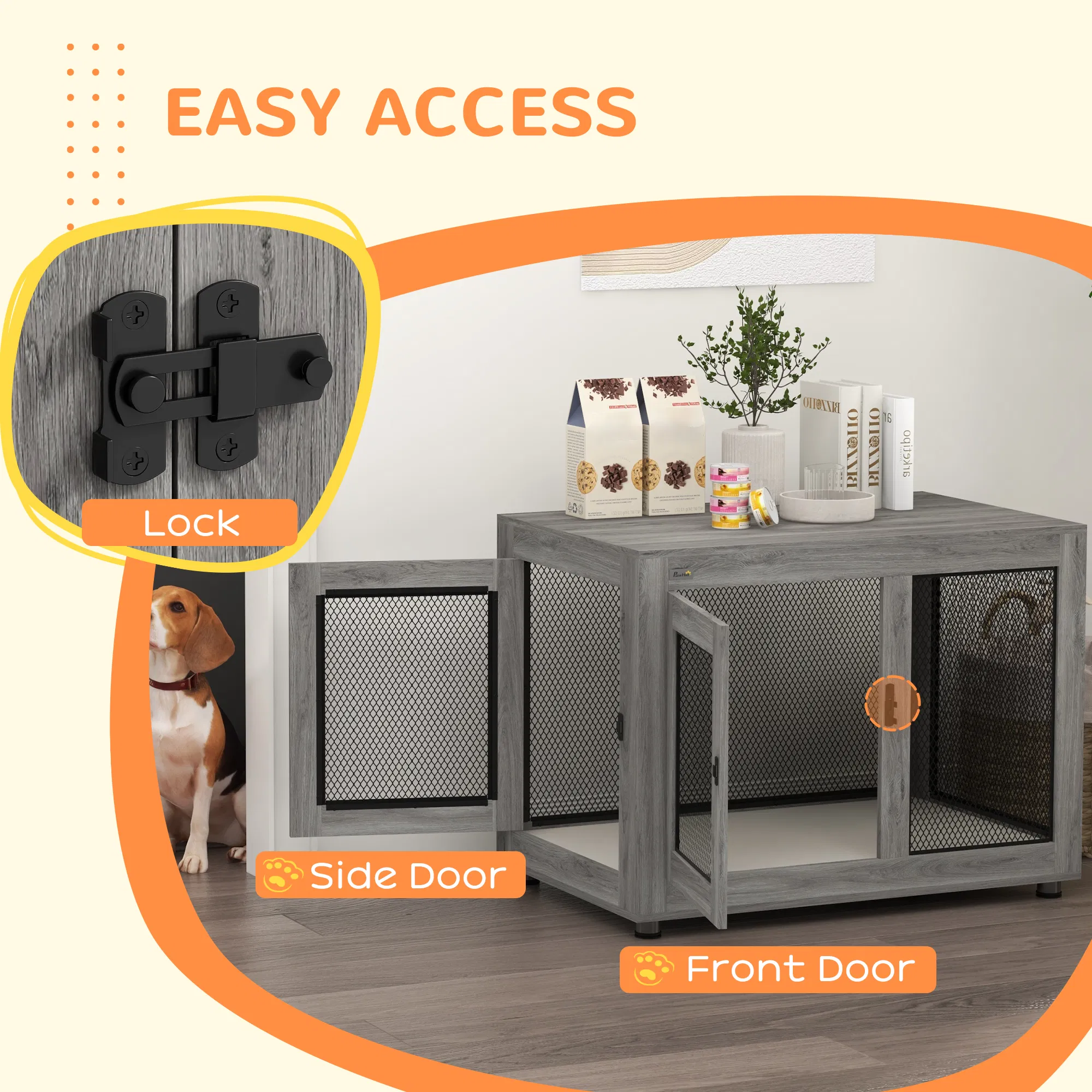 Pet Crate End Table with Water-resistant Cushion or Large Medium Dogs, Grey — image 3