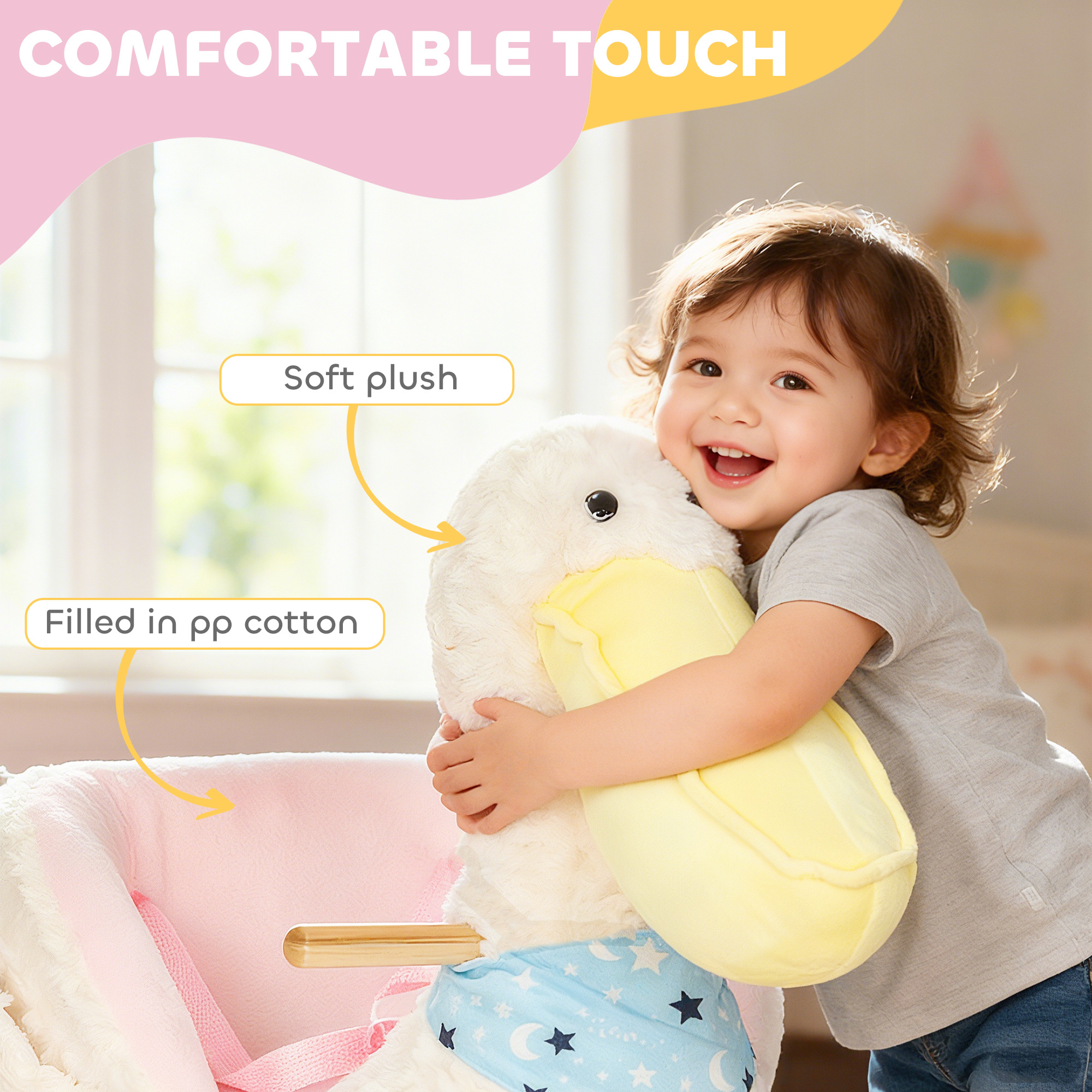 Caballito Mecedor para Bebé, Caballito de Pelícano para Montar para Niños de 18 a 36 Meses, con Sonido Realista de Pato, Blanco — imagen 3