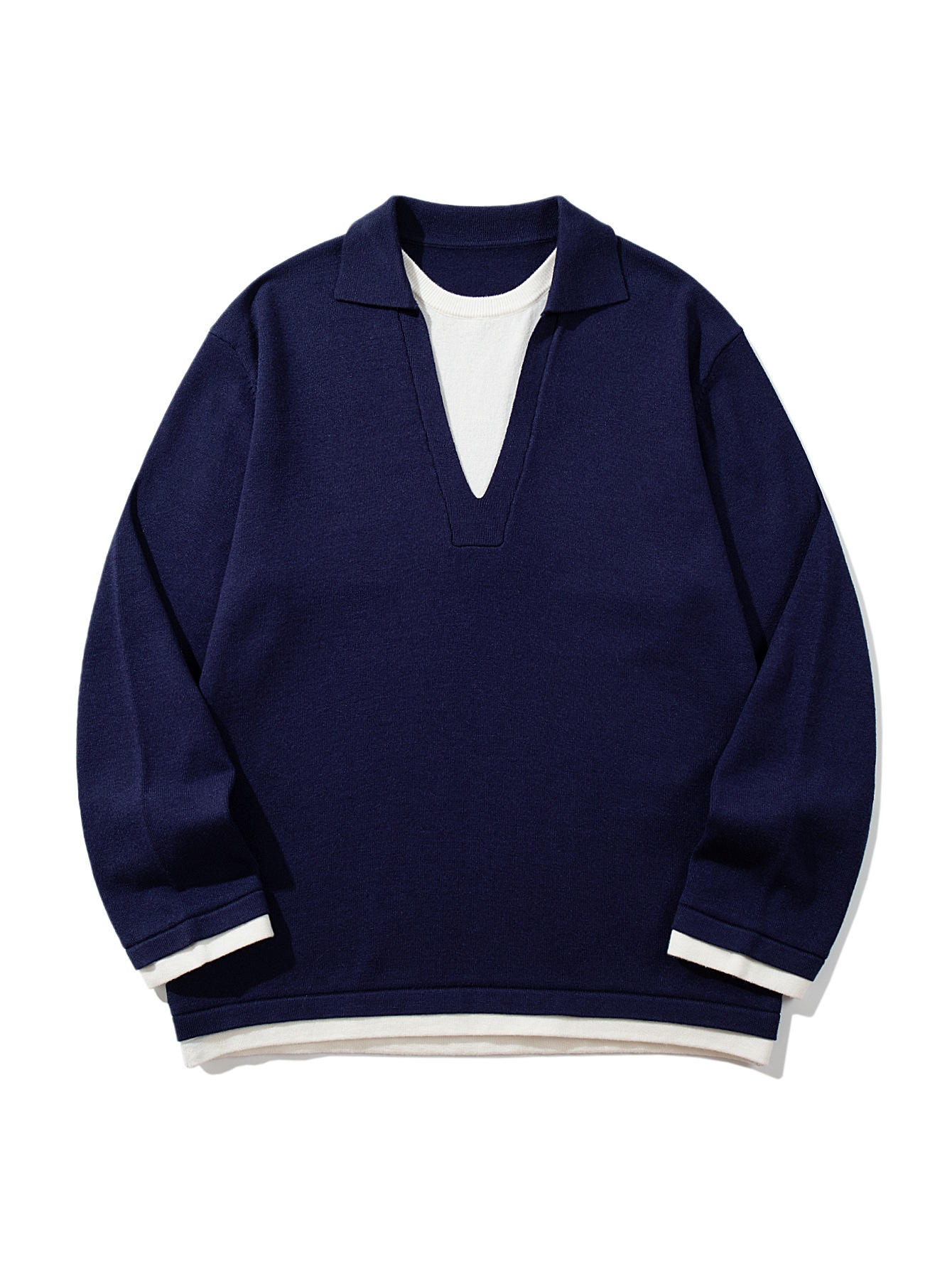 Color-Blocking Seagull Neck False Two-Piece Loose Knit Sweater Pullover — image 10