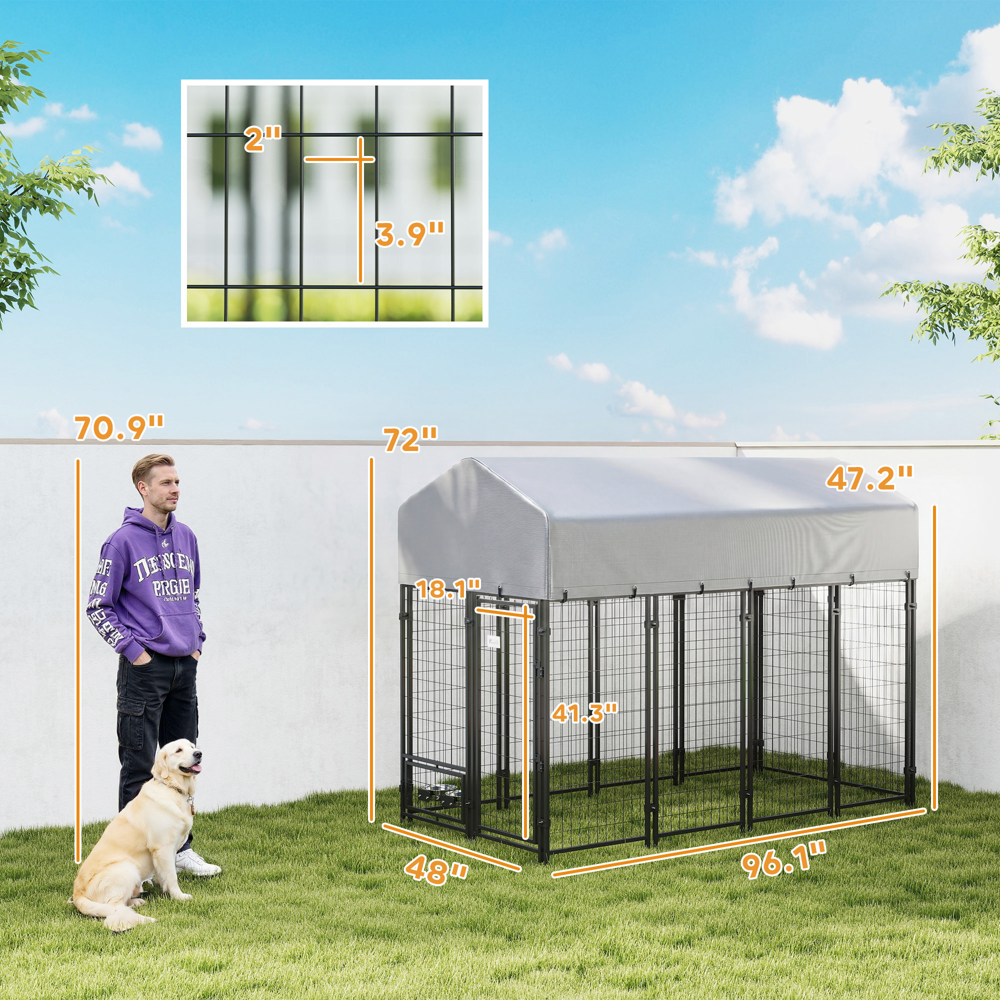 Caseta para Perros de Exterior 8 x 4 x 6, Corral Exterior para Perros con Comederos Giratorios 360°, Funda Impermeable y Resistente a los Rayos UV — imagen 6