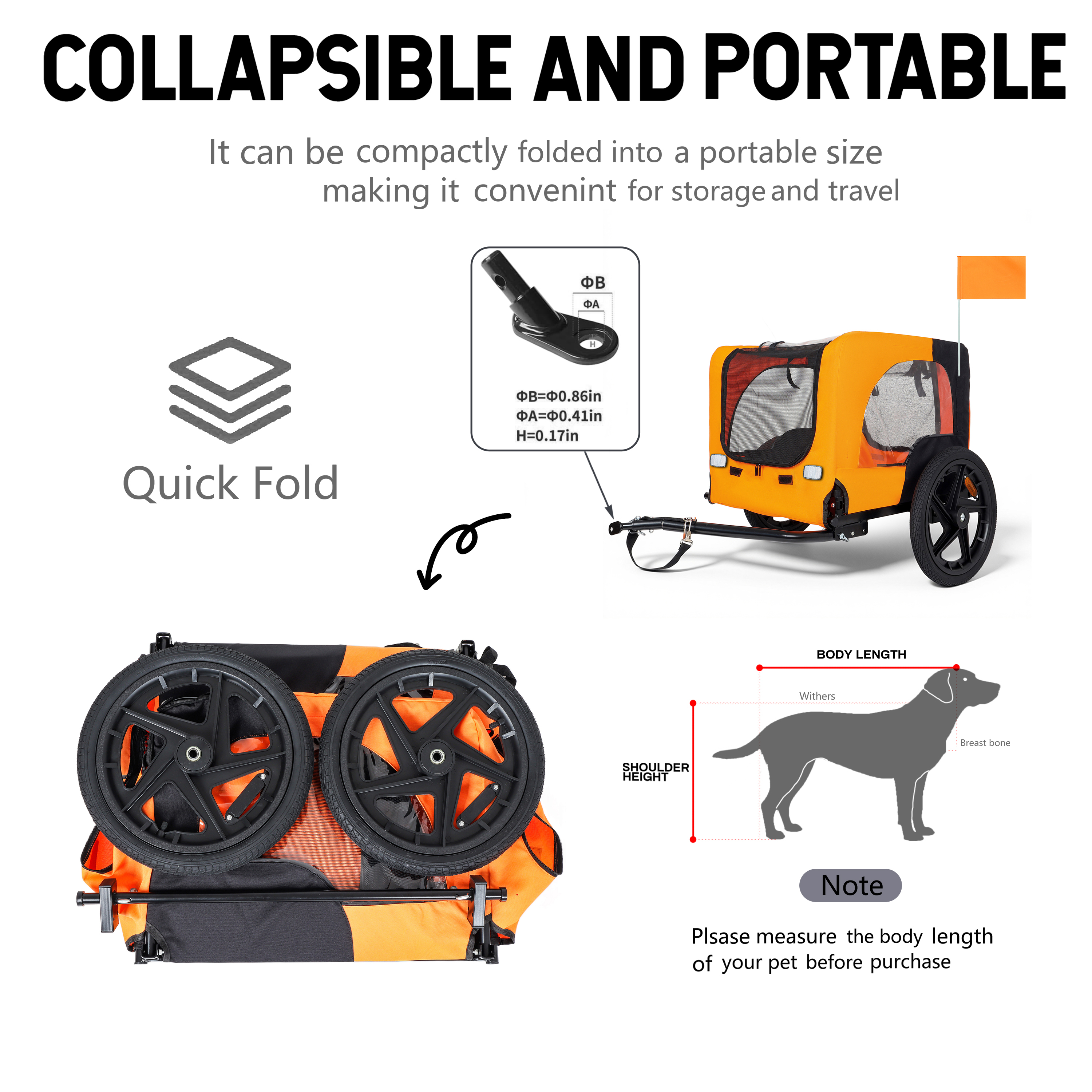 Outdoor Heavy Duty Collapsible Pet Bike Trailer With 16-Inch All-Terrain Wheels & Universal Hitch - Foldable Dog Cargo Carrier Cart For Bicycles, Black Orange — image 3