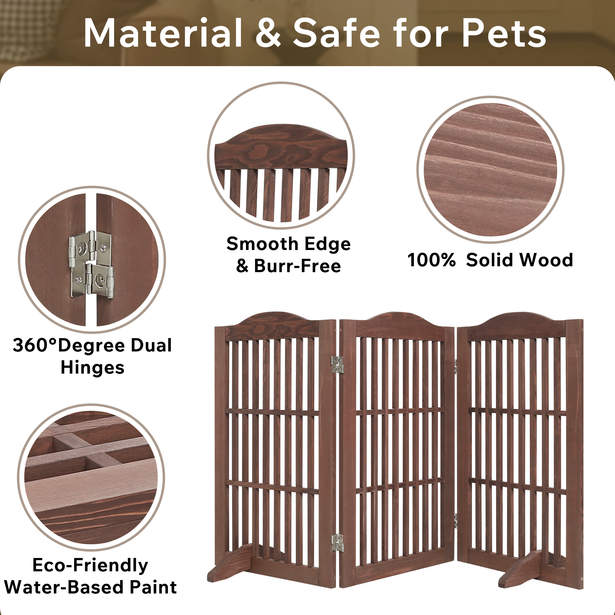 Wooden Freestanding Foldable Pet Gate for Dogs, 30 inch 3 Panels Step Over Fence, Dog Gate for The House, Doorway — image 8