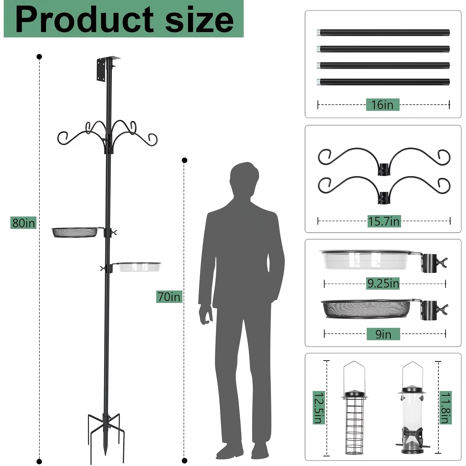 Kit de Soporte para Palomas con Pole de 80 Pulgadas - Montaje Ajustable para Colibríes, Poste Universal con 5 Ganchos, Balaústres contra Ardillas, Complementos y Platos de Alimento para Jardín — imagen 3