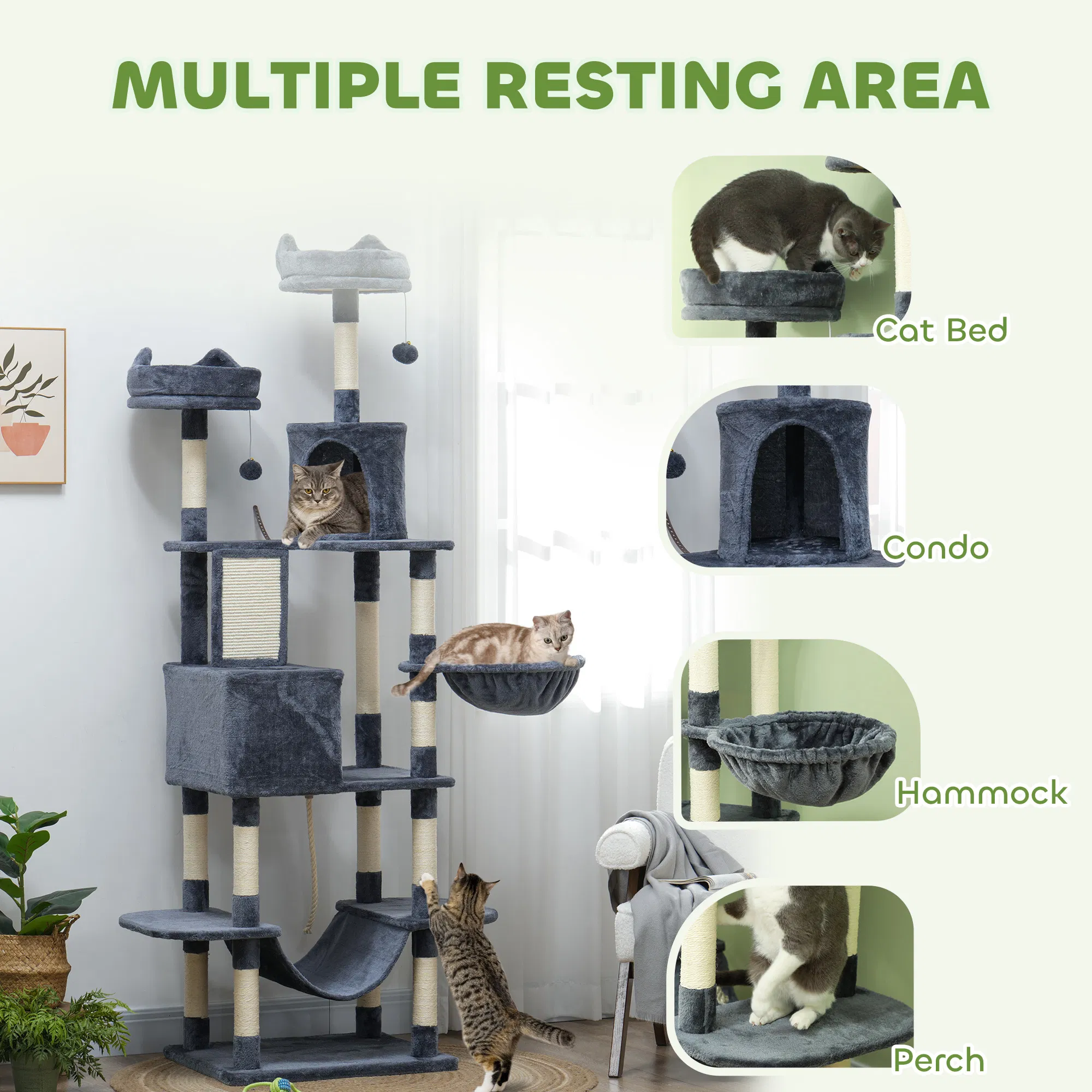 81" Large Cat Tree w/ Scratching Posts, Condos, Beds, Hammocks, Jumping Platforms, Toy Balls, Rope Cat Toy, Dark Grey — image 2