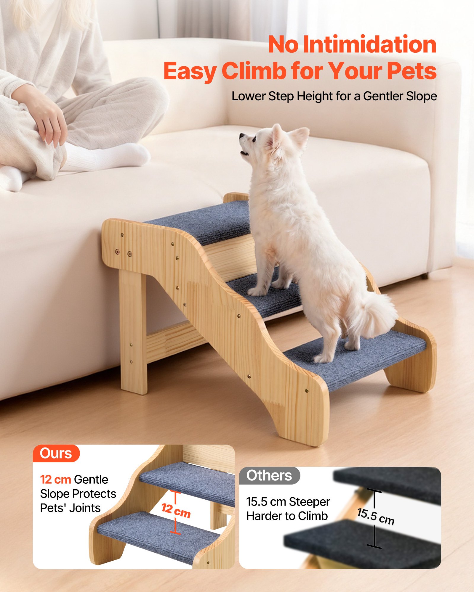 Escaleras de Madera para Mascotas 3 Peldaños, Soporte Seguro para Cama Alta, Sofá y Coches, Capacidad 150lbs, Superficie Antideslizante, Escalera Estable para Gatos y Perros Pequeños Grandes Mayores — imagen 2