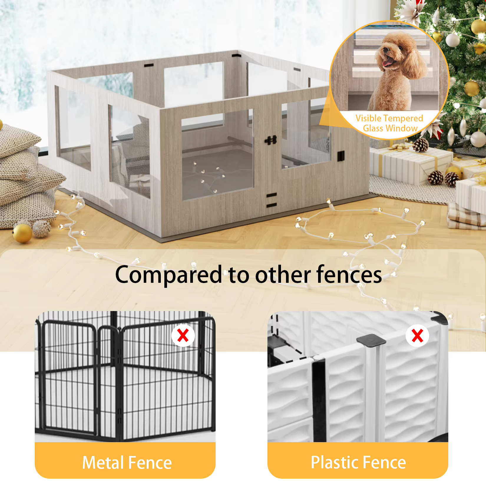 Corralito de 8 Paneles de Vidrio Templado para Cachorros, Corral de Parto para Mascotas de Interior, Jaula de Ejercicio con Almohadilla Impermeable para el Parto — imagen 7