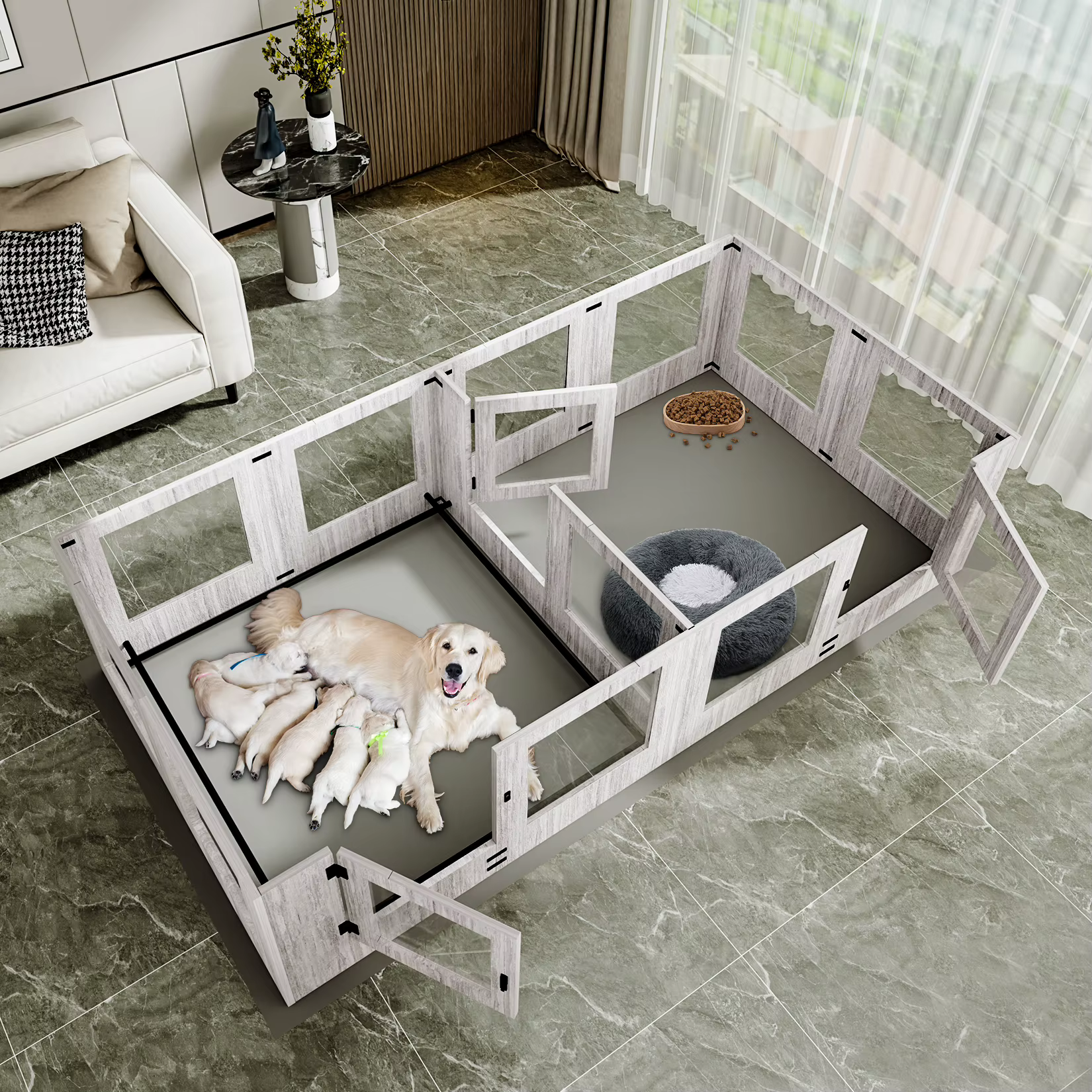 Corralito de 8 Paneles de Vidrio Templado para Cachorros, Corral de Parto para Mascotas de Interior, Jaula de Ejercicio con Almohadilla Impermeable para el Parto — imagen 3