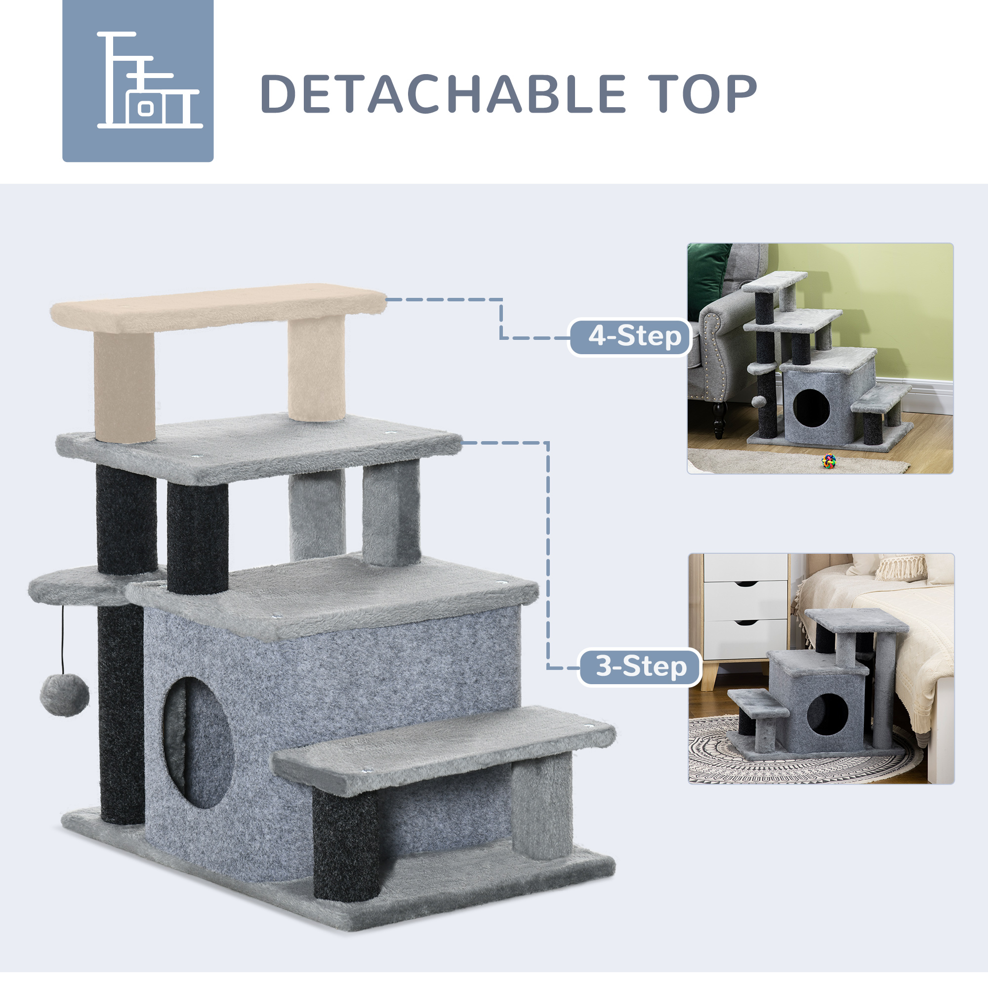 Adjustable Height 3 Step/4 Step Cat Stairs with Cat Scratching Post, Cat Condo, Toy Ball, for Bed, Sofa, Couch, Gray — image 3