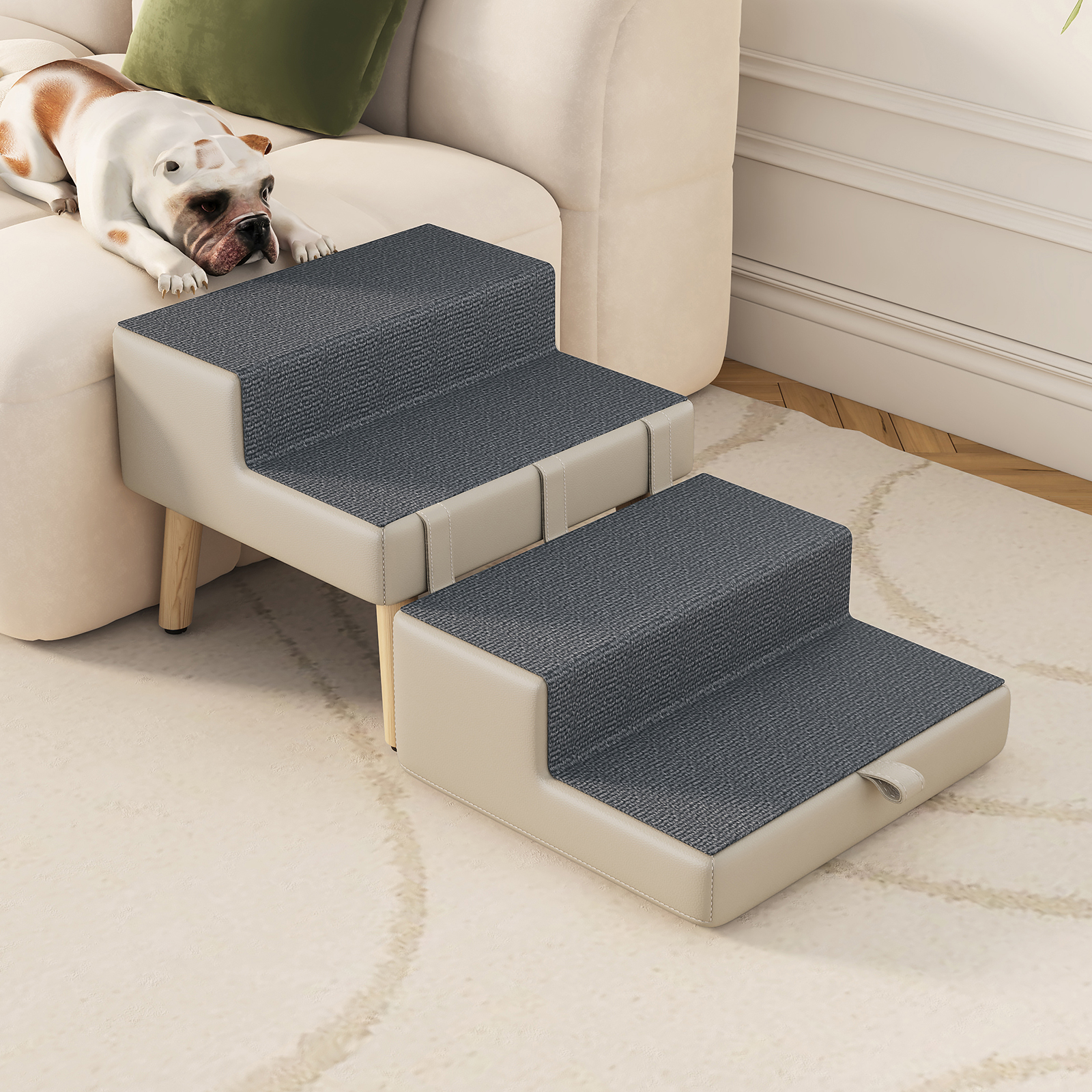 4-Step Ottoman Dog Stairs, 2-in-1 Foldable Pet Ramp for Bed, Dog Ramp for Small Puppy and Cats, Sturdy Wood Frame Support with Non-slip walking surface, Holds Up To 220lbs ( Light Grey Color ) — image 11