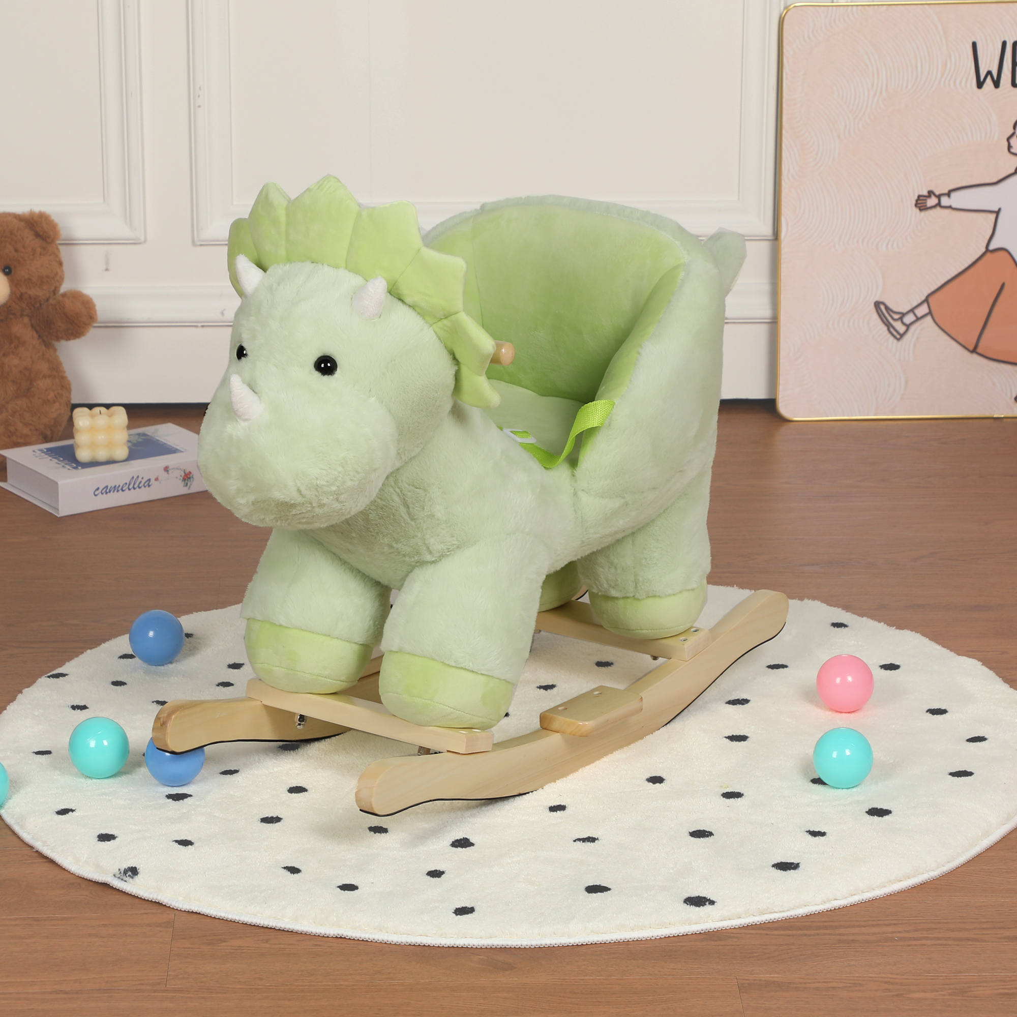 Kids Ride-On Rocking Horse Toy With Lullaby Song, Dinosaur Rocking Toy With Hand Puppets And Safety Belt For Children 1-3 Years, Soft Plush Fabric, Green, CPC Certified — imagen 1